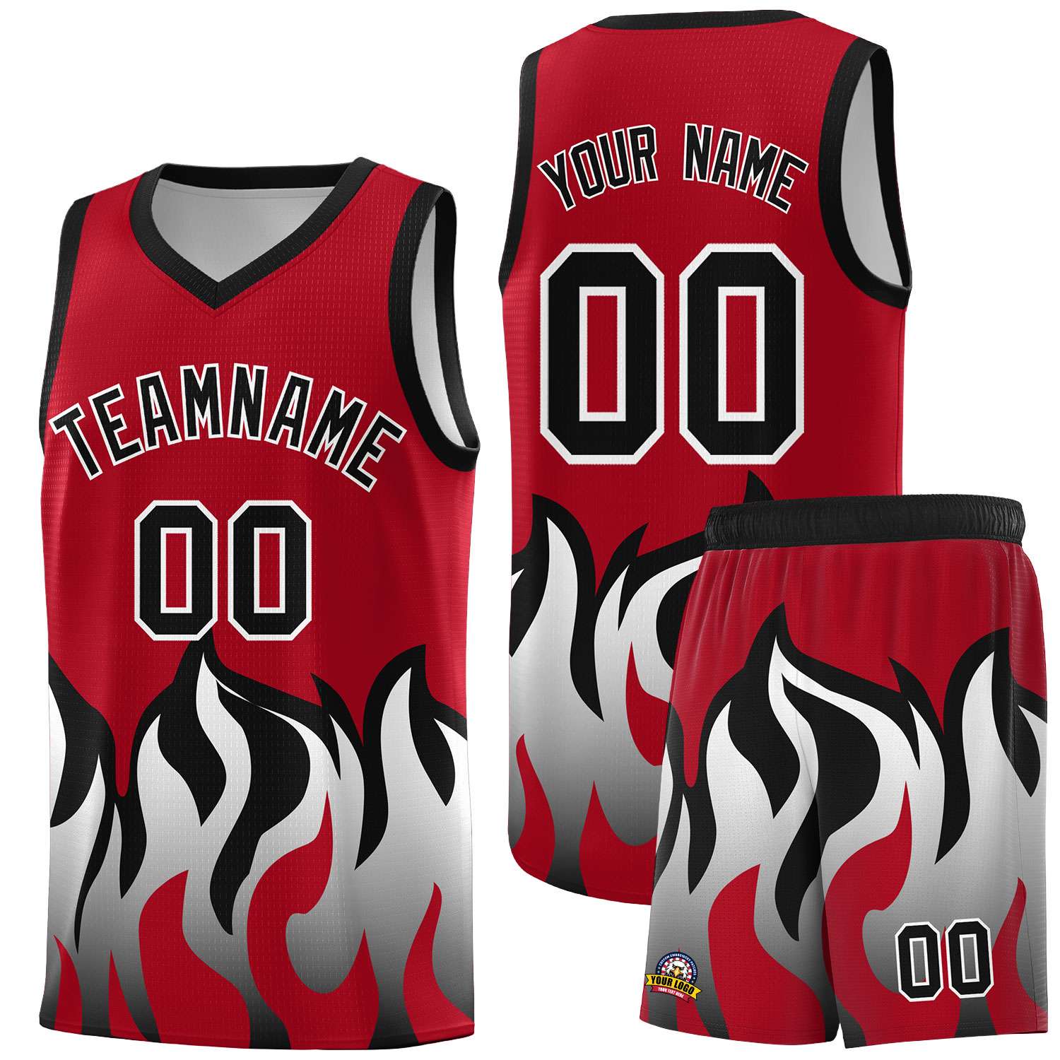 Custom Red Black Hem Flame Pattern Fashion Sports Uniform Basketball jersey