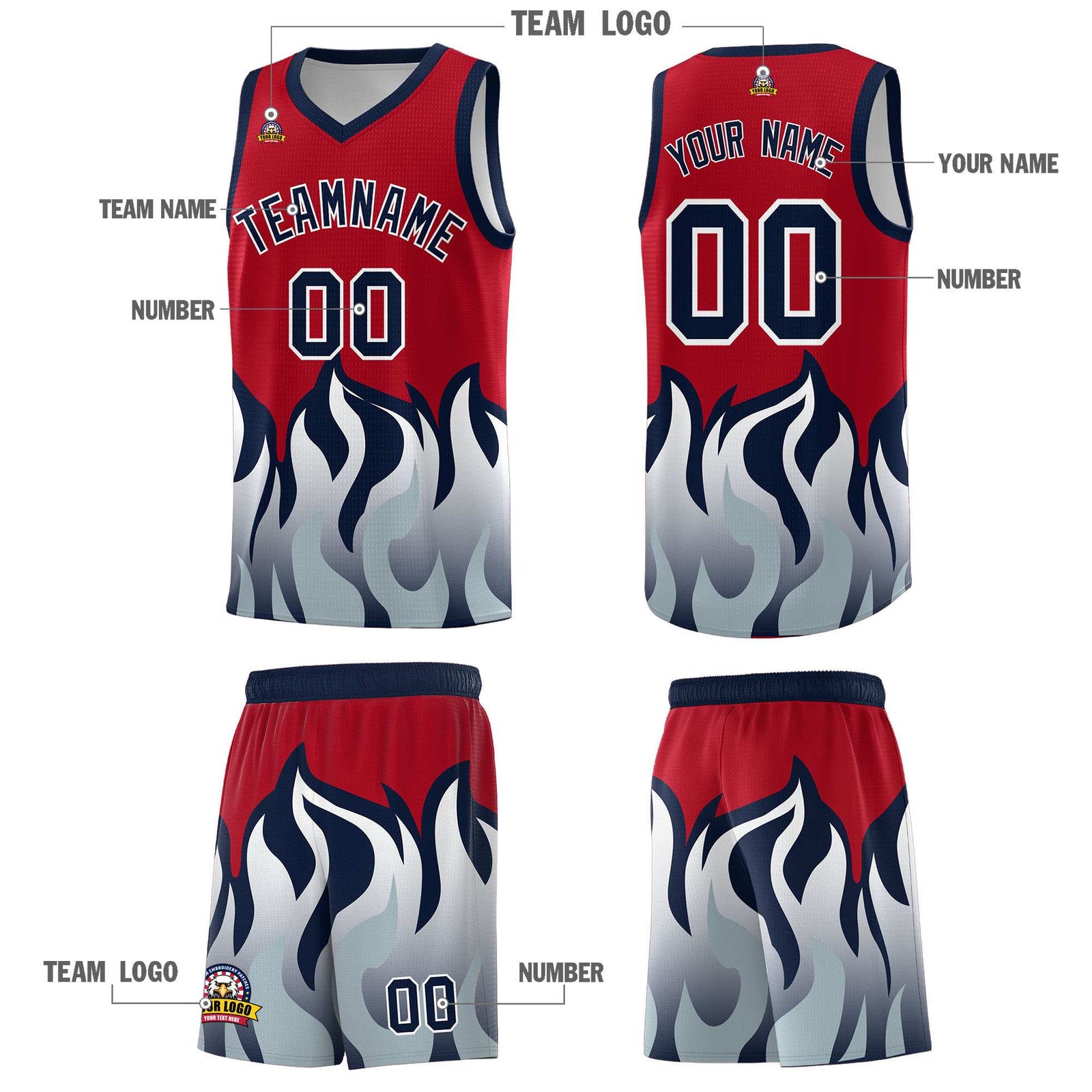 Custom Red Navy Hem Flame Pattern Fashion Sports Uniform Basketball jersey
