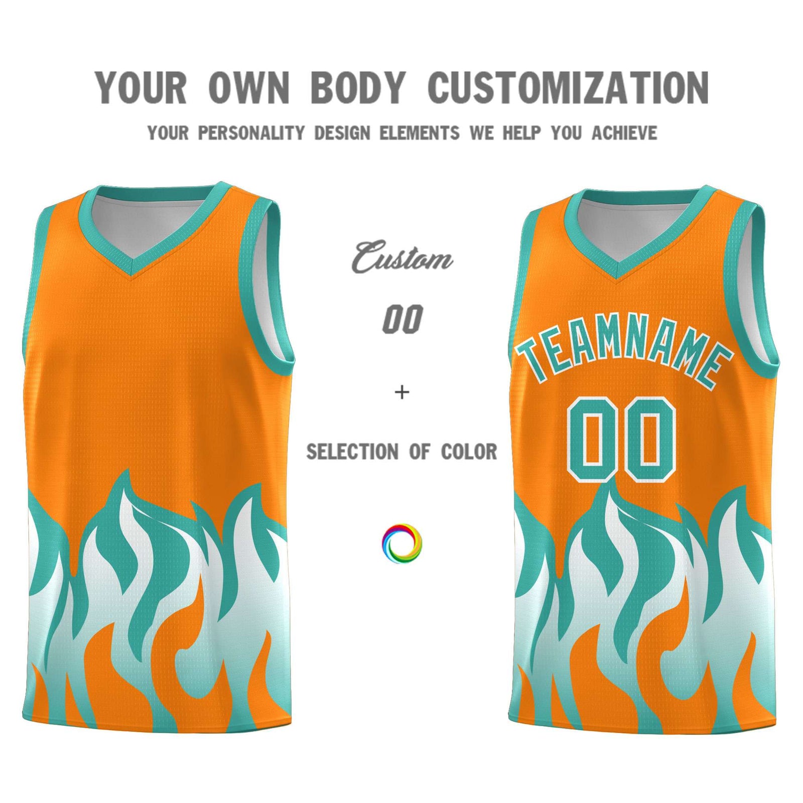 Custom Orange Bright Green Hem Flame Pattern Fashion Sports Uniform Basketball jersey
