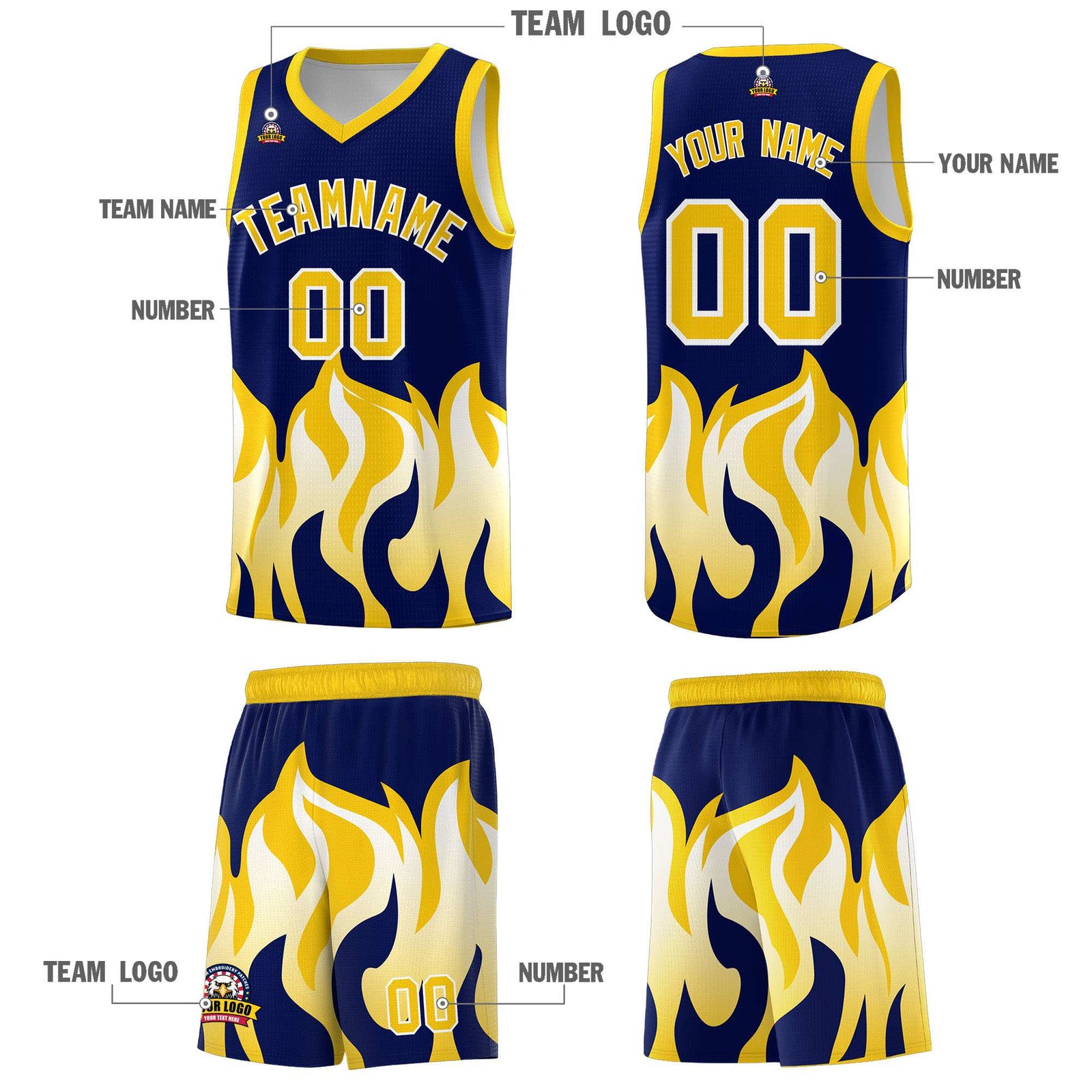 Custom Navy Gold Hem Flame Pattern Fashion Sports Uniform Basketball jersey