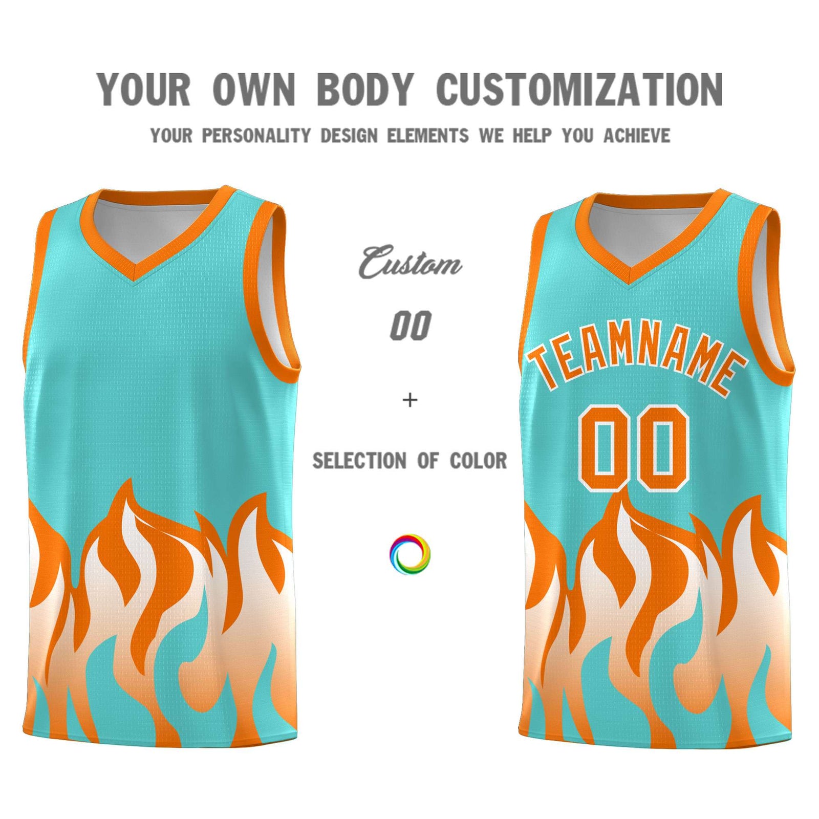 Custom Bright Green Orange Hem Flame Pattern Fashion Sports Uniform Basketball jersey
