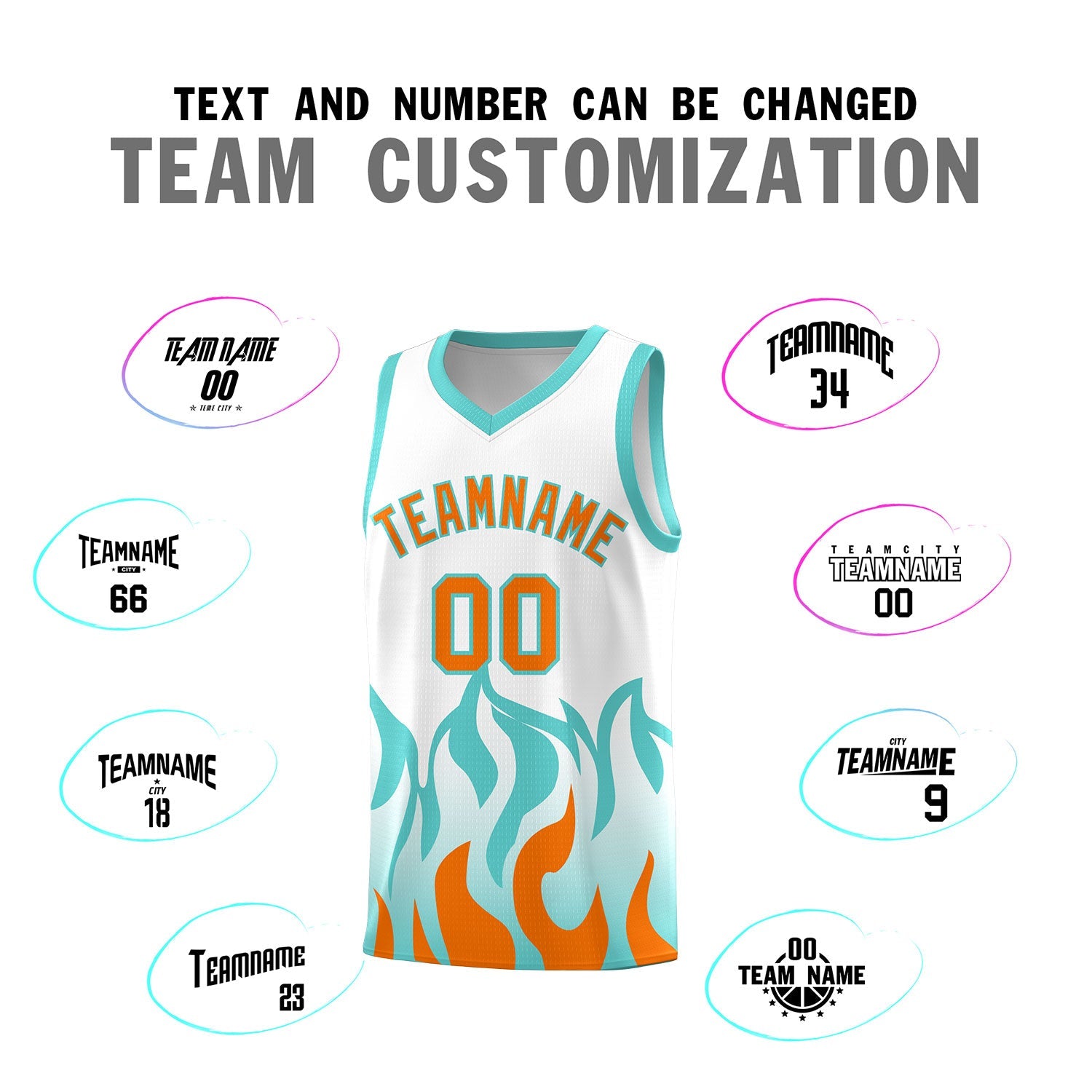 Custom White Orange Hem Flame Pattern Fashion Sports Uniform Basketball jersey