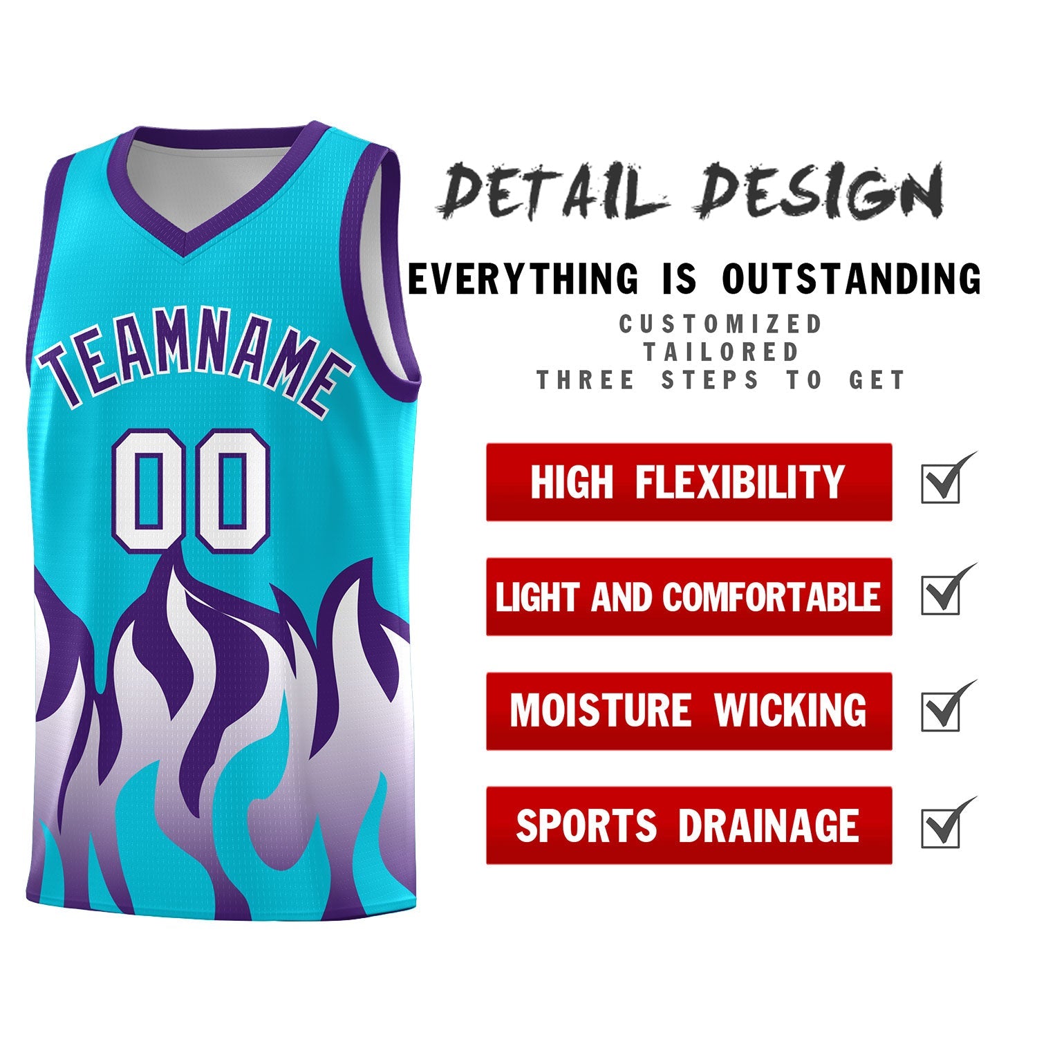Custom Sky Blue Purple Hem Flame Pattern Fashion Sports Uniform Basketball jersey