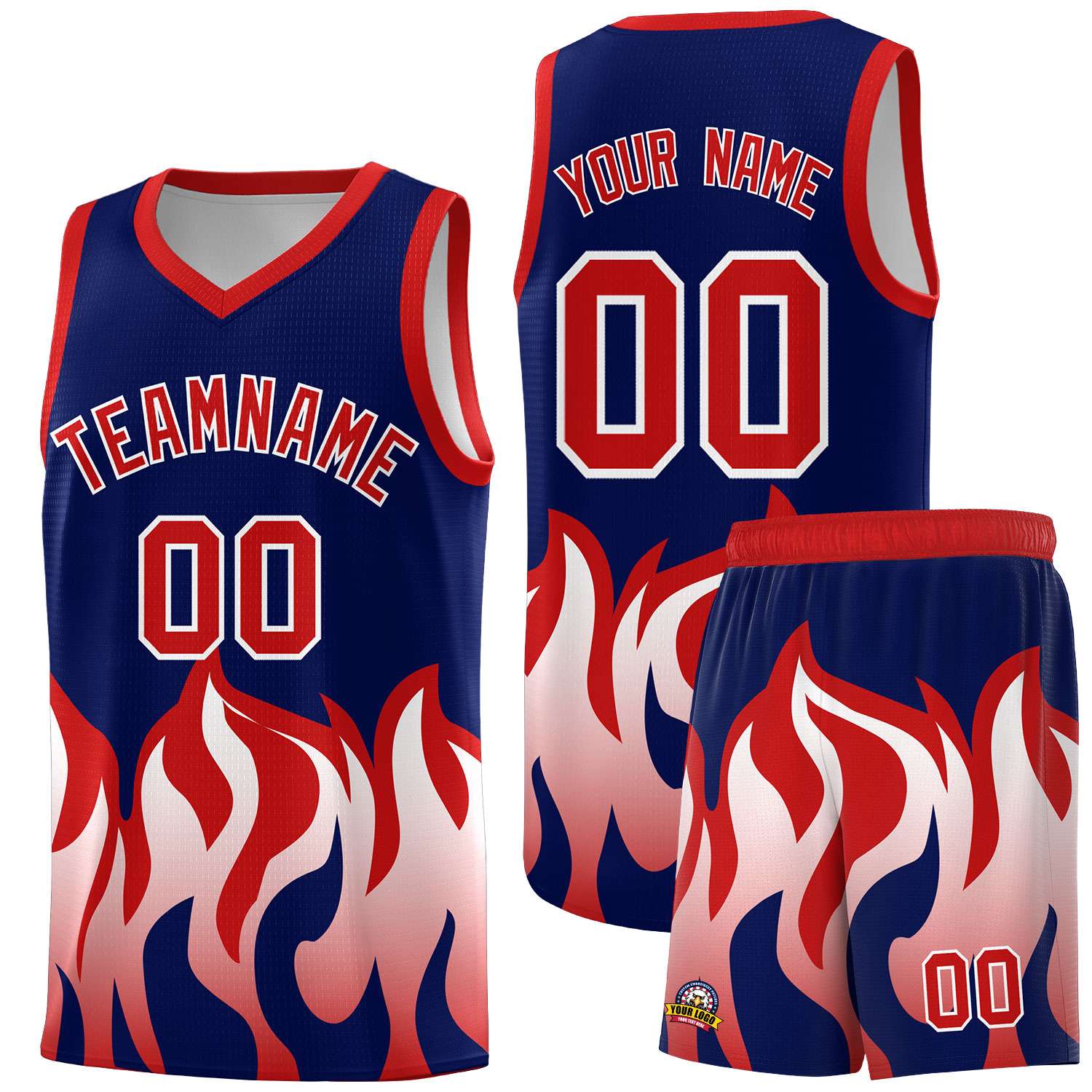 Custom Navy Red Hem Flame Pattern Fashion Sports Uniform Basketball jersey