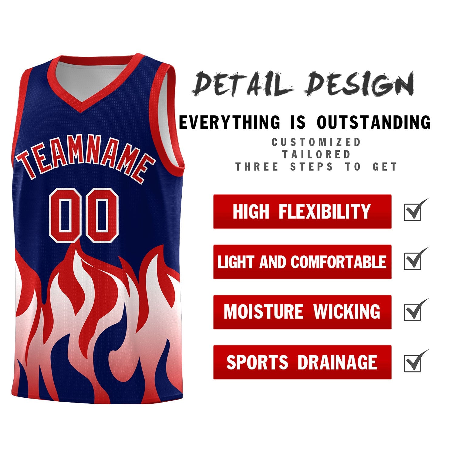 Custom Navy Red Hem Flame Pattern Fashion Sports Uniform Basketball jersey
