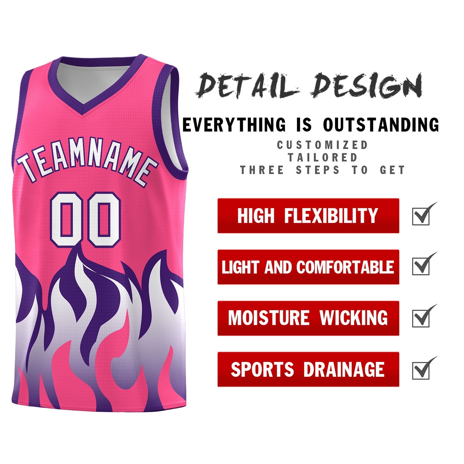 Custom Pink Purple Hem Flame Pattern Fashion Sports Uniform Basketball jersey
