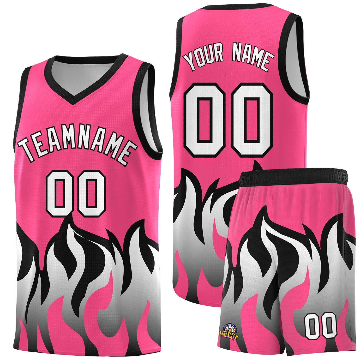 Custom Pink Black Hem Flame Pattern Fashion Sports Uniform Basketball jersey