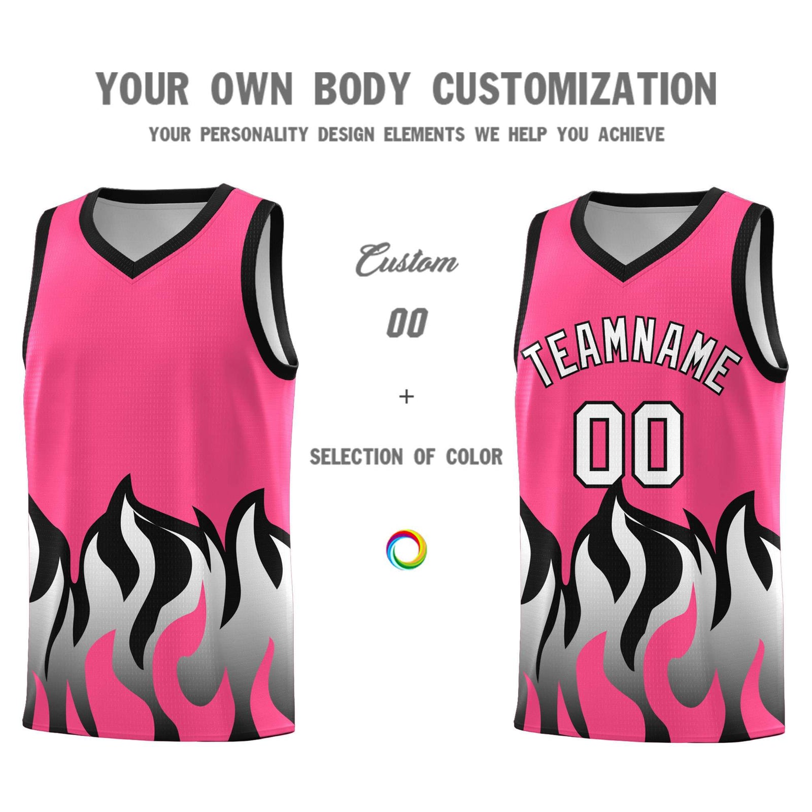 Custom Pink Black Hem Flame Pattern Fashion Sports Uniform Basketball jersey