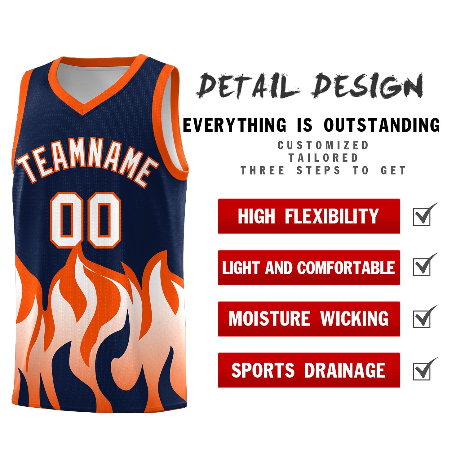 Custom Navy Orange Hem Flame Pattern Fashion Sports Uniform Basketball jersey