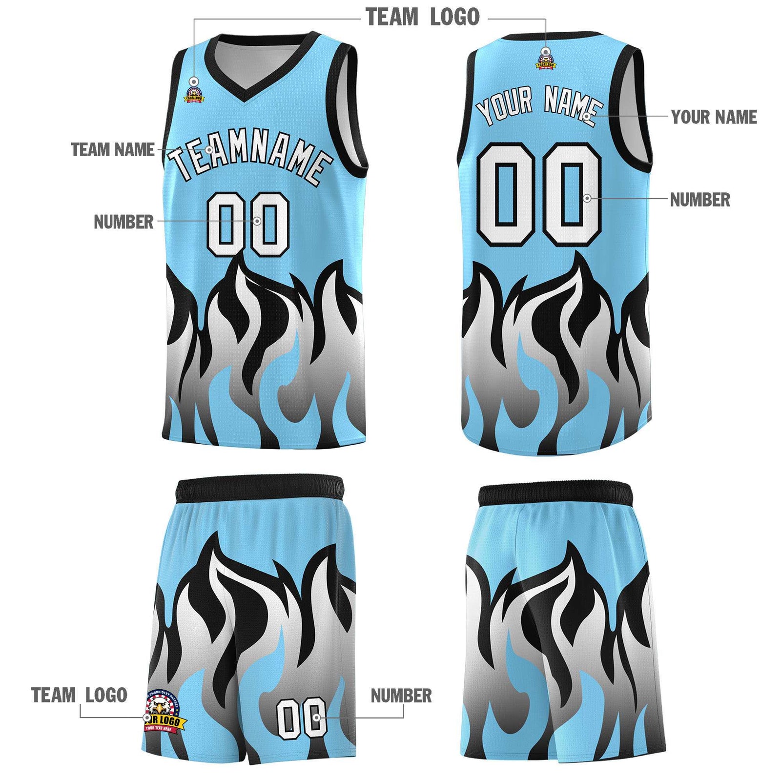 Custom Light Blue Black Hem Flame Pattern Fashion Sports Uniform Basketball jersey