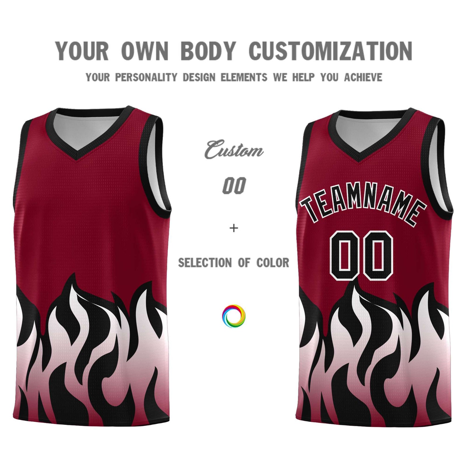 Custom Crimson Black Hem Flame Pattern Fashion Sports Uniform Basketball jersey