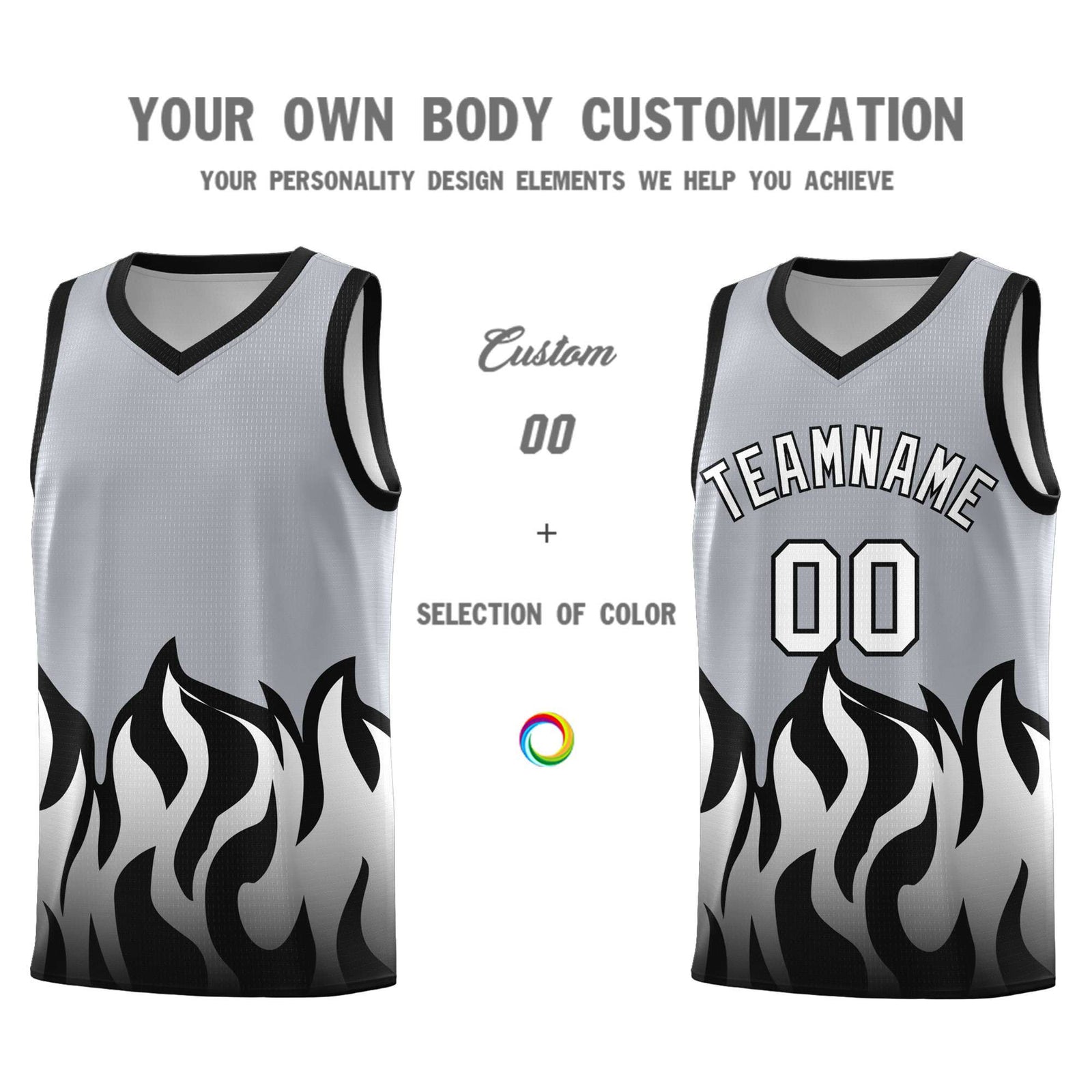 Custom Gray Black Hem Flame Pattern Fashion Sports Uniform Basketball jersey