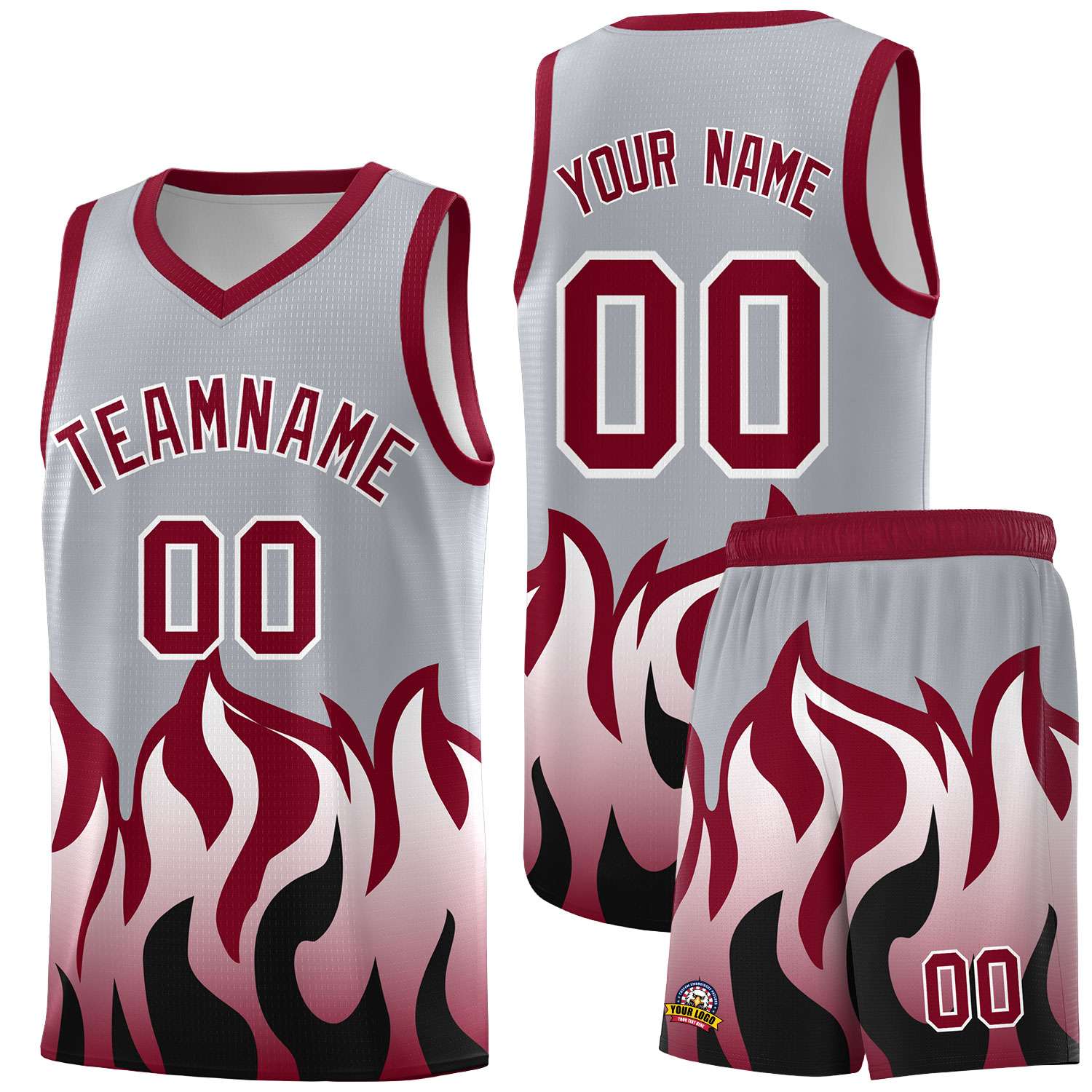 Custom Gray Crimson Hem Flame Pattern Fashion Sports Uniform Basketball jersey