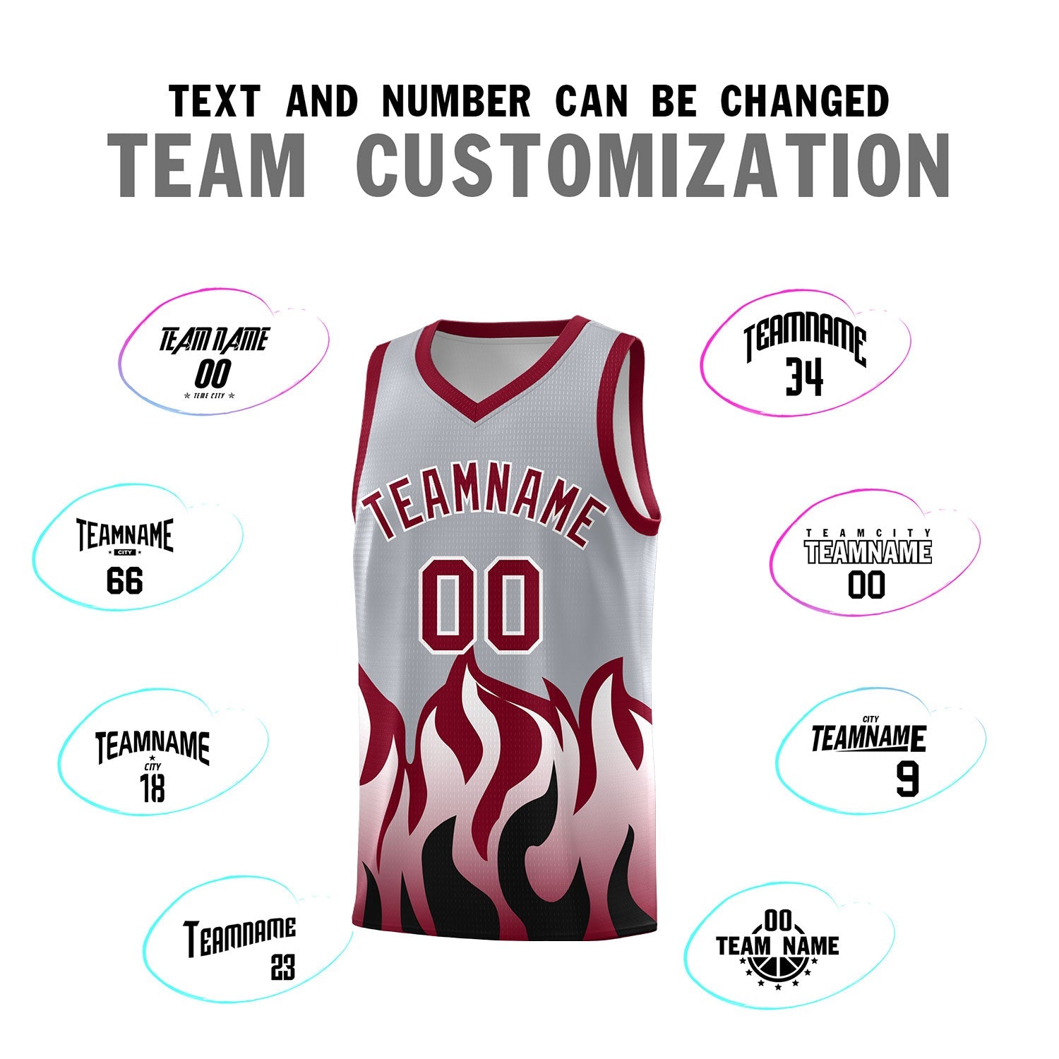 Custom Gray Crimson Hem Flame Pattern Fashion Sports Uniform Basketball jersey