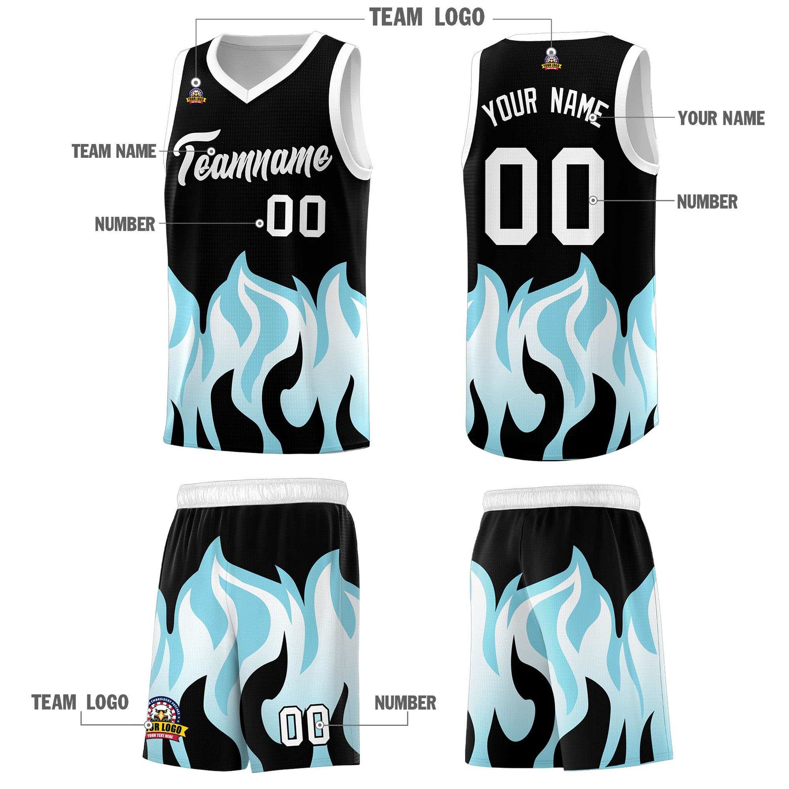 Custom Black Sky Blue Hem Flame Pattern Fashion Sports Uniform Basketball jersey