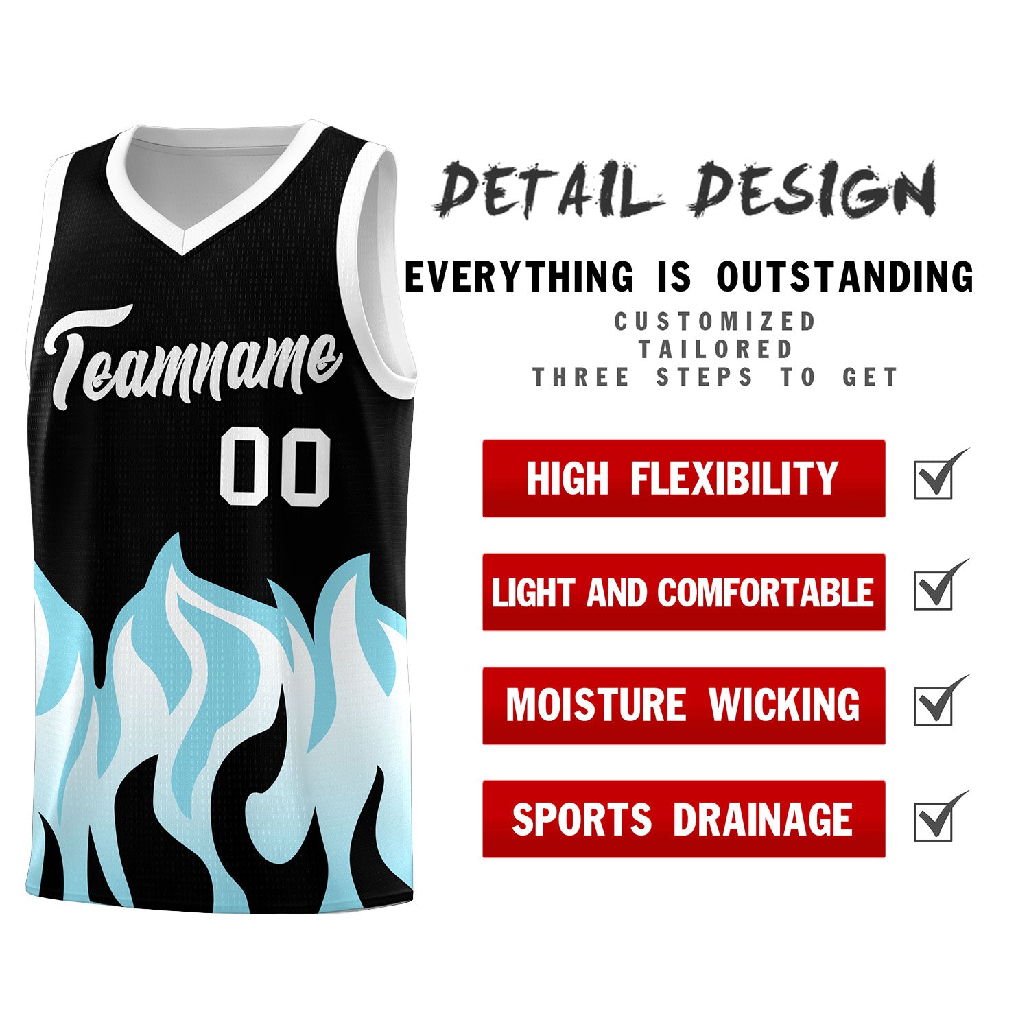 Custom Black Sky Blue Hem Flame Pattern Fashion Sports Uniform Basketball jersey