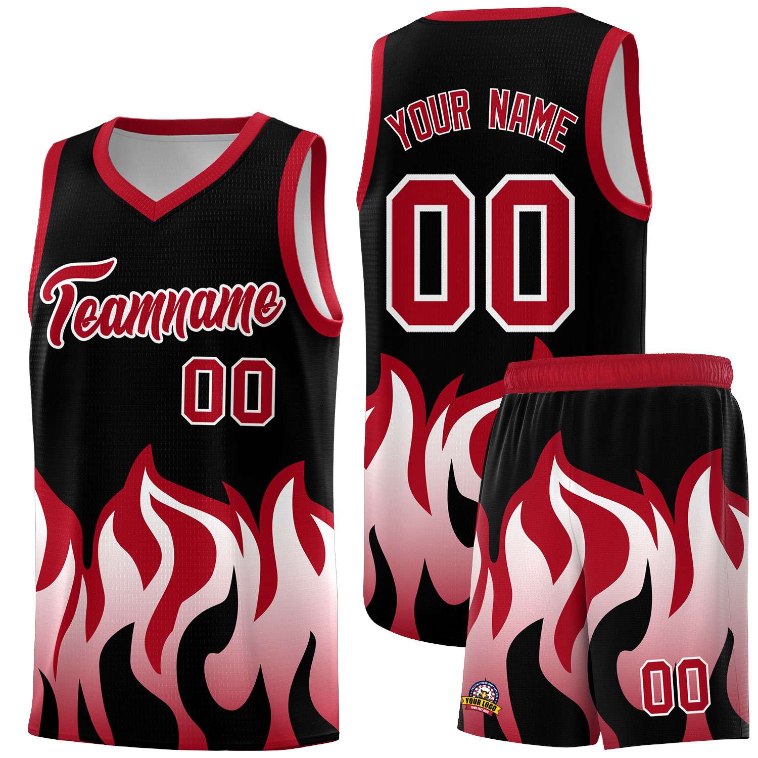 Custom Black Red Hem Flame Pattern Fashion Sports Uniform Basketball jersey