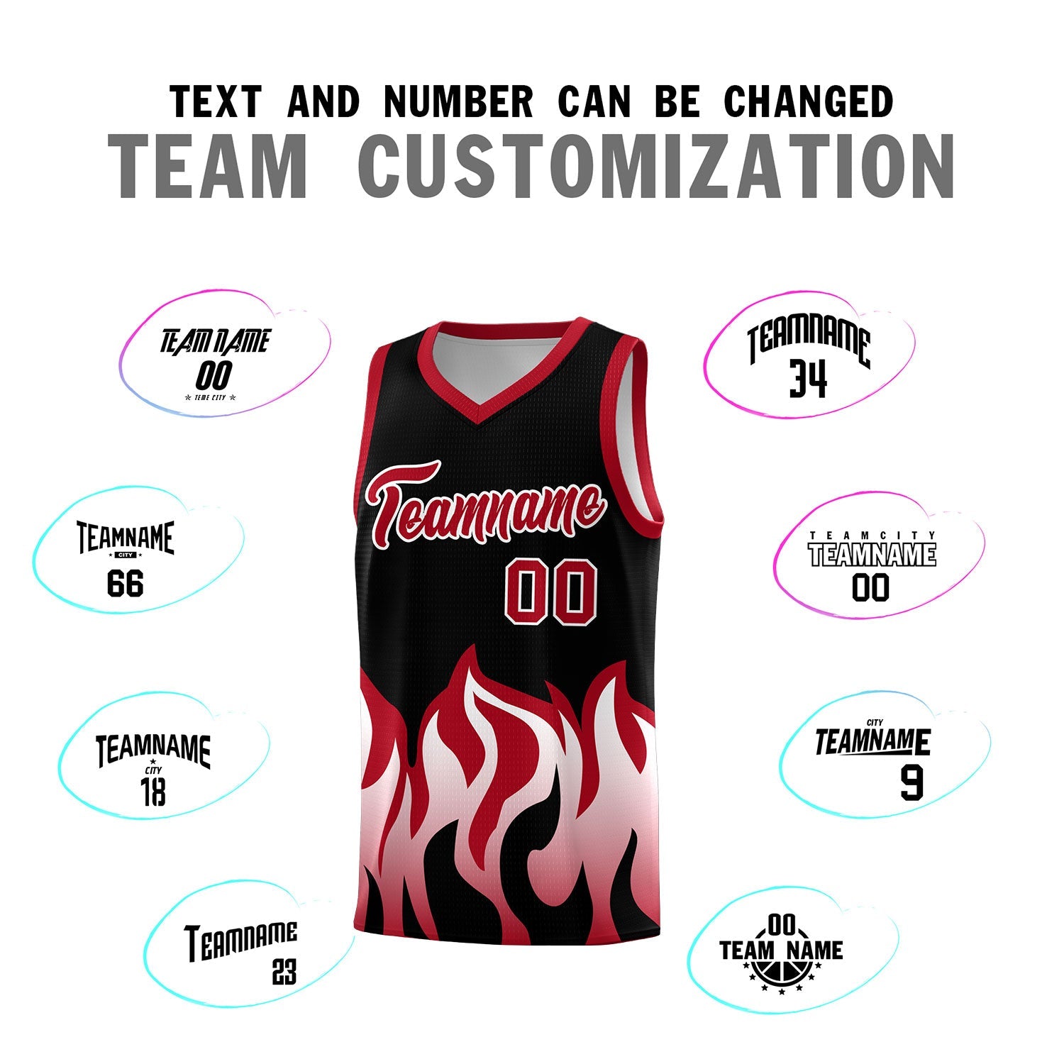 Custom Black Red Hem Flame Pattern Fashion Sports Uniform Basketball jersey