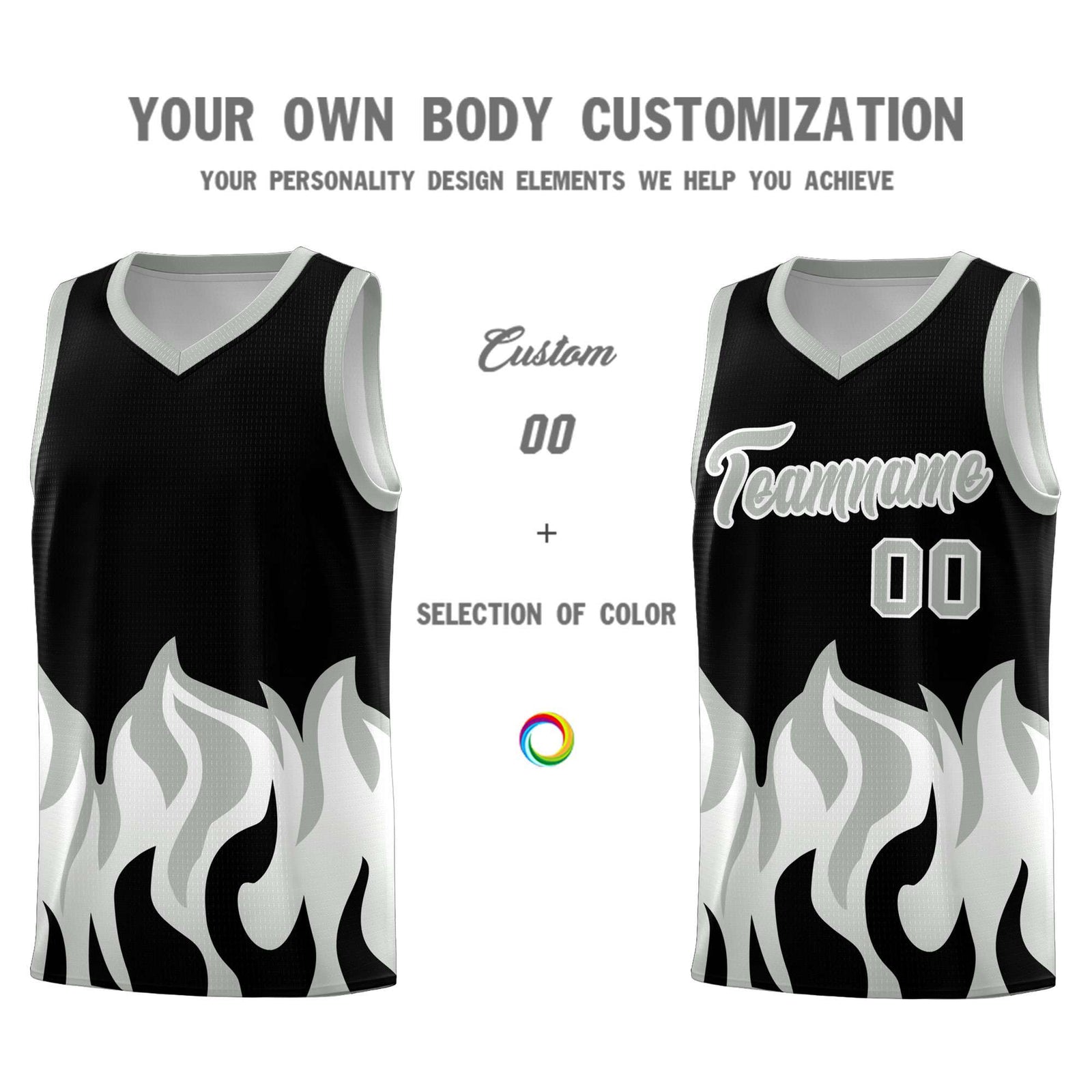 Custom Black Gray Hem Flame Pattern Fashion Sports Uniform Basketball jersey