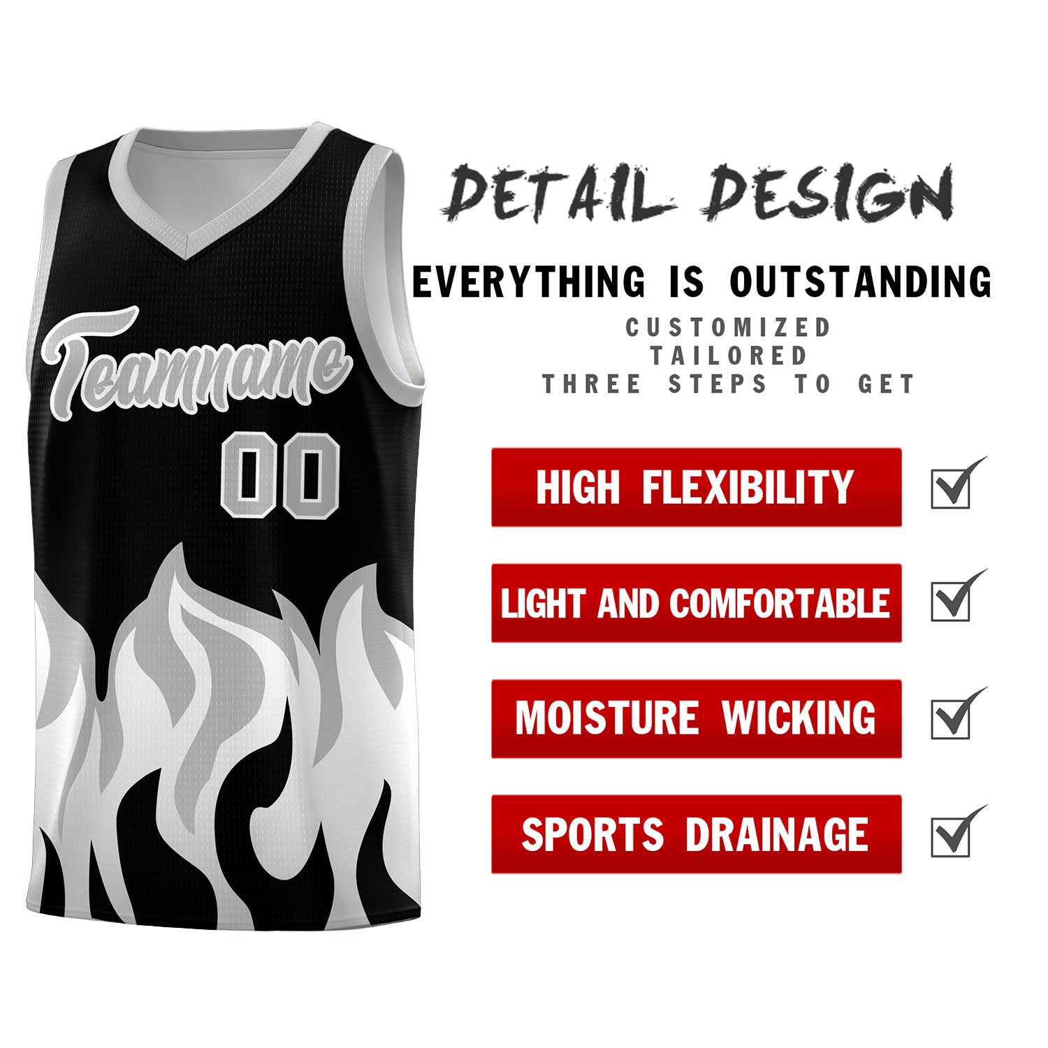 Custom Black Gray Hem Flame Pattern Fashion Sports Uniform Basketball jersey