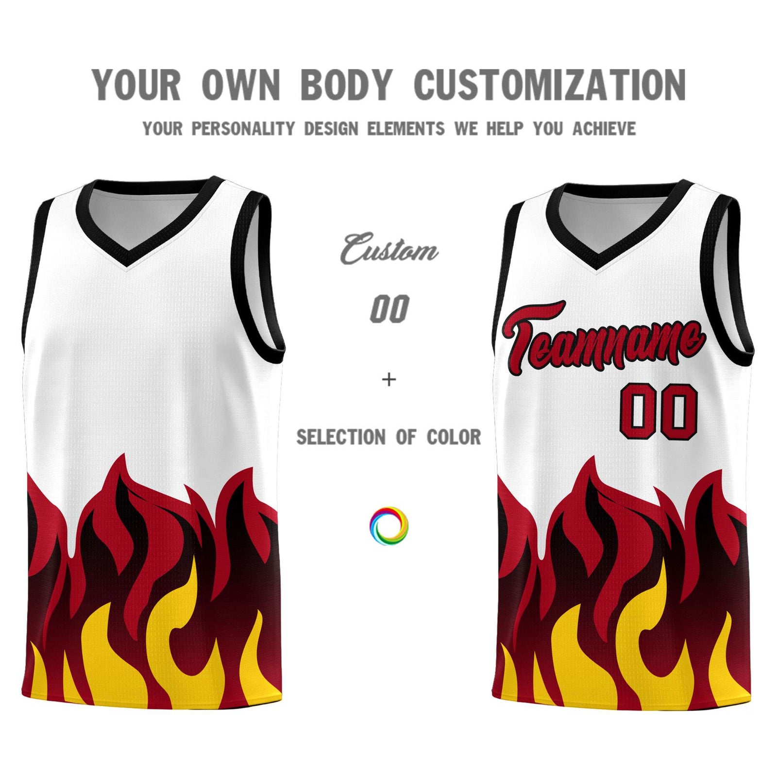 Custom White Red Hem Flame Pattern Fashion Sports Uniform Basketball jersey