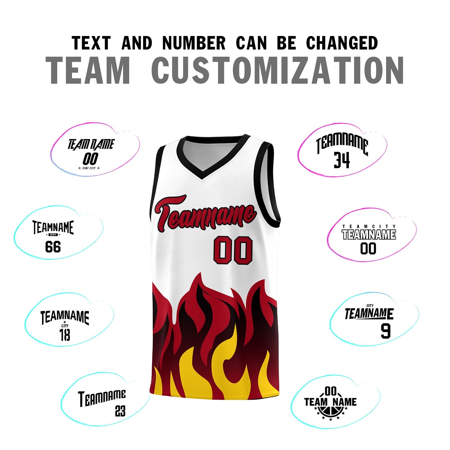 Custom White Red Hem Flame Pattern Fashion Sports Uniform Basketball jersey