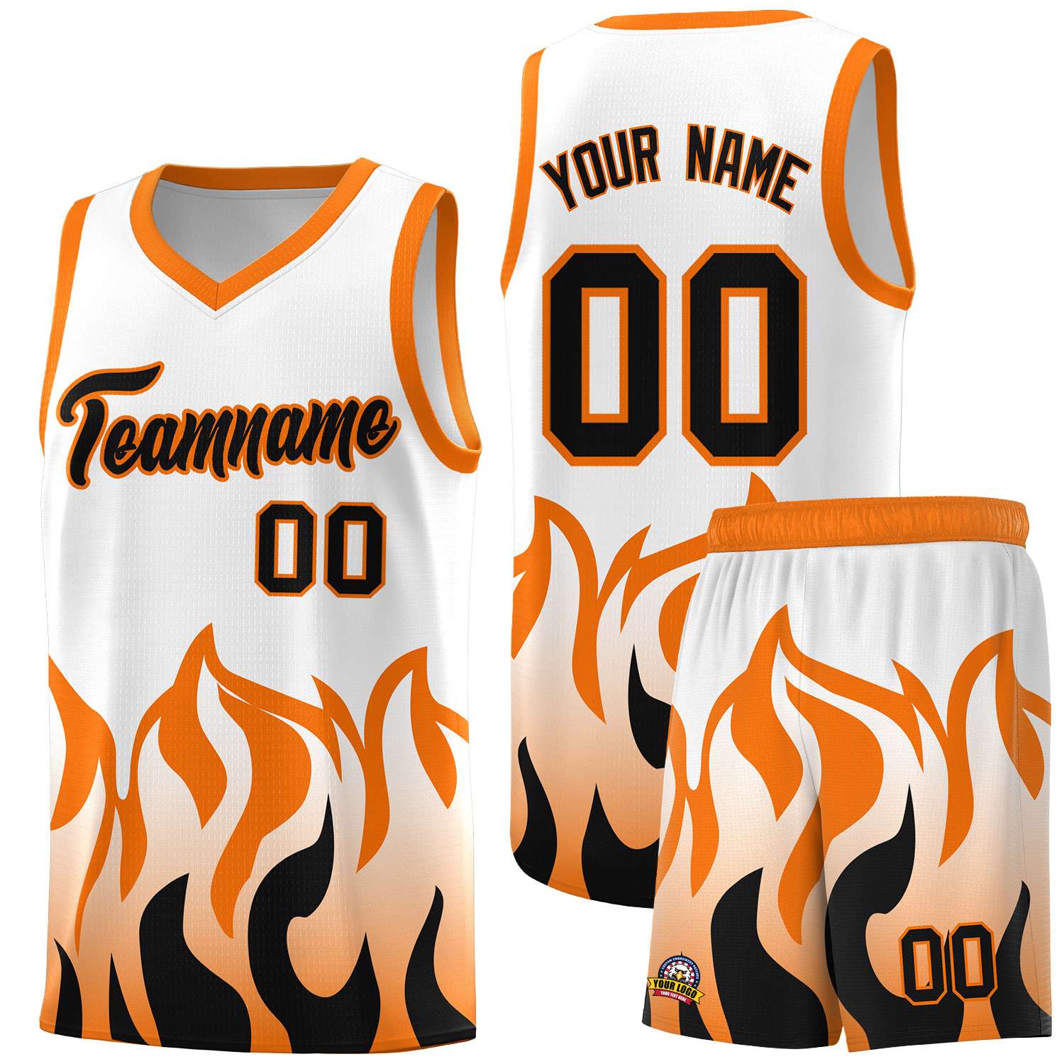 Custom White Orange Hem Flame Pattern Fashion Sports Uniform Basketball jersey