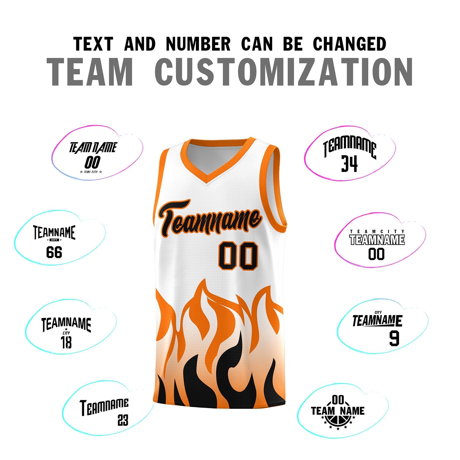 Custom White Orange Hem Flame Pattern Fashion Sports Uniform Basketball jersey