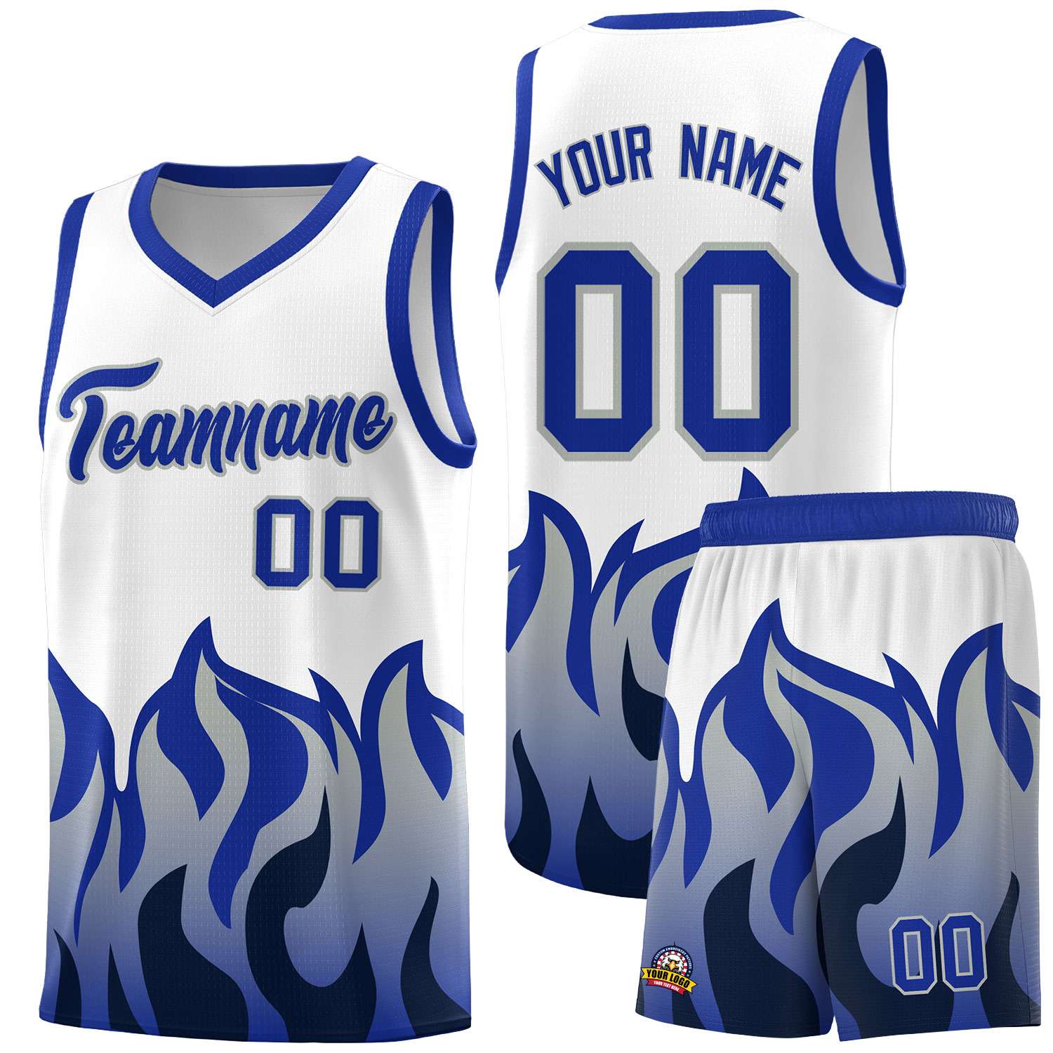 Custom White Royal Hem Flame Pattern Fashion Sports Uniform Basketball jersey