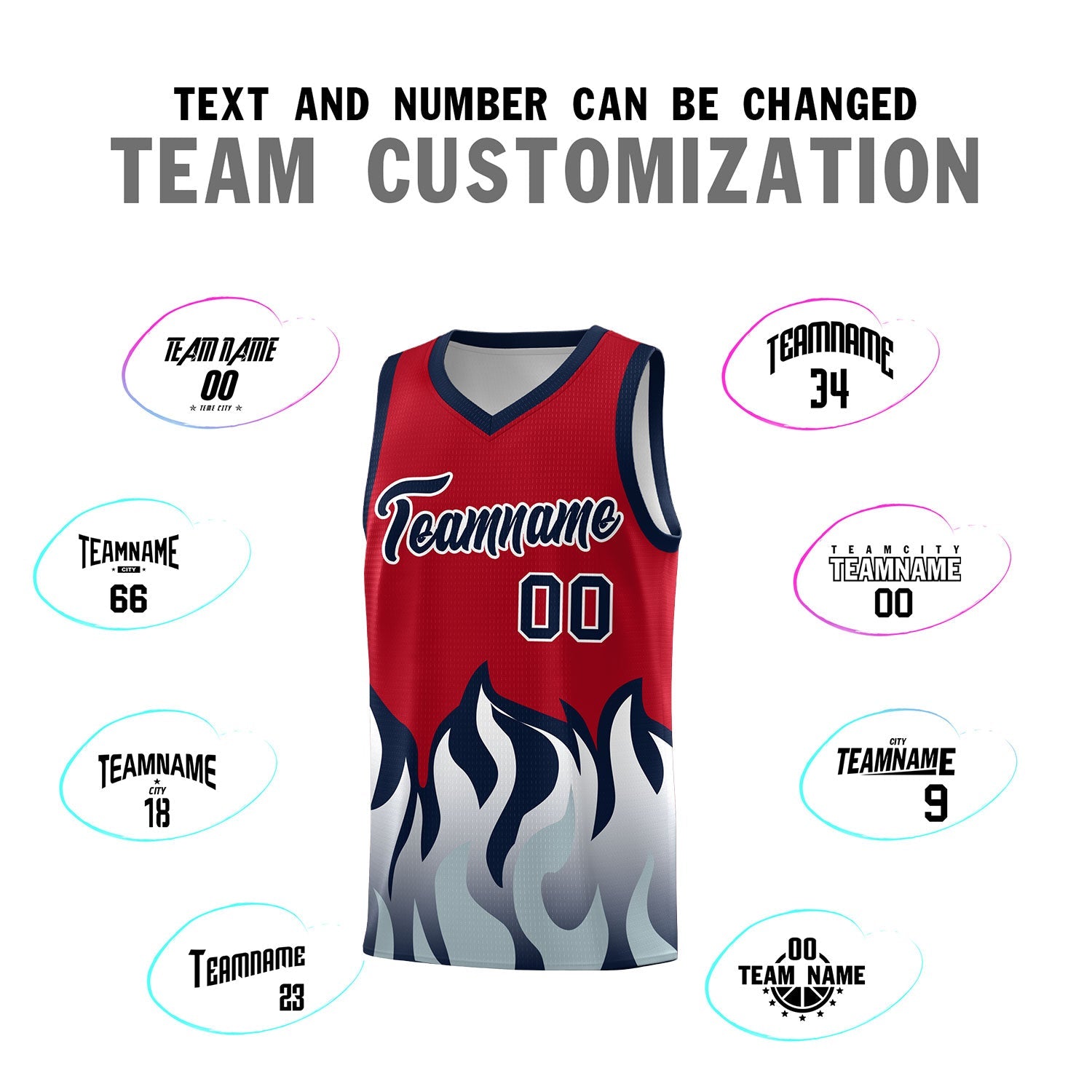 Custom Red Navy Hem Flame Pattern Fashion Sports Uniform Basketball jersey