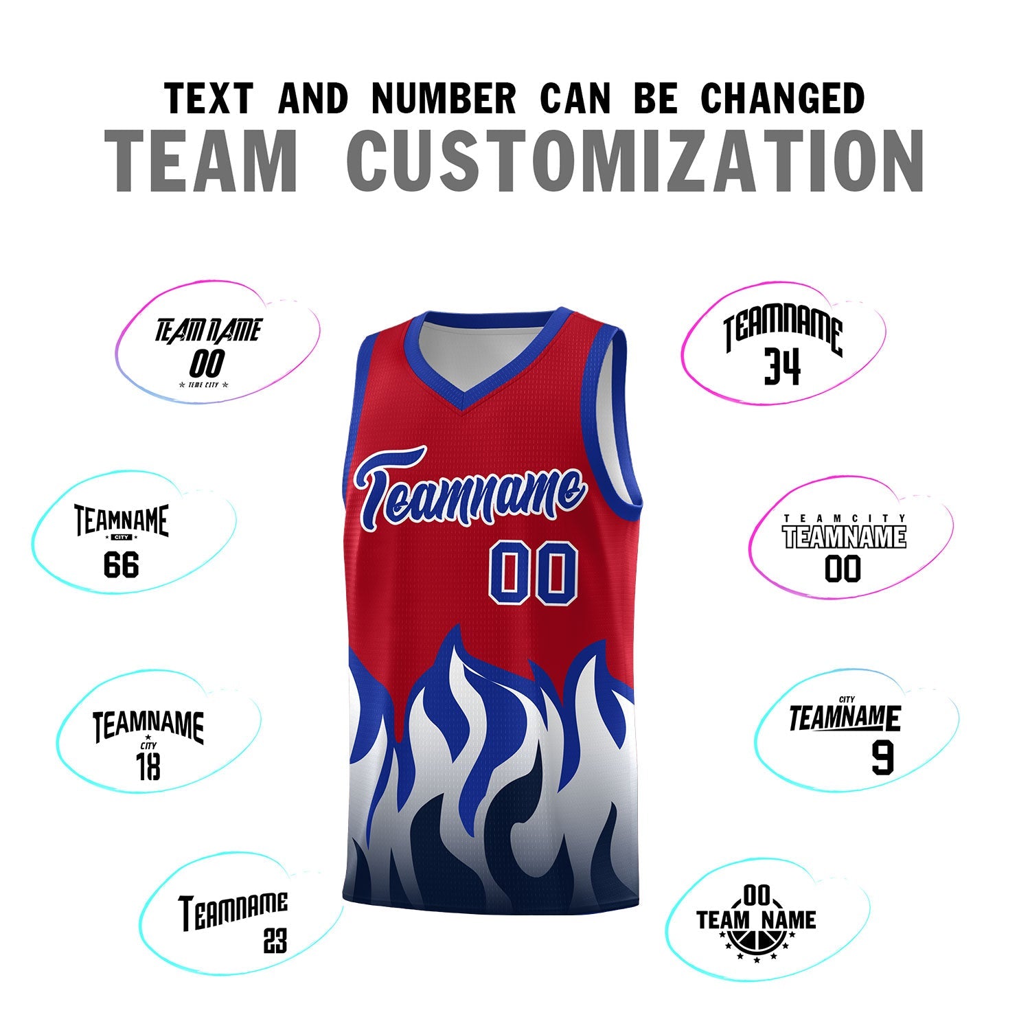 Custom Red Royal Hem Flame Pattern Fashion Sports Uniform Basketball jersey