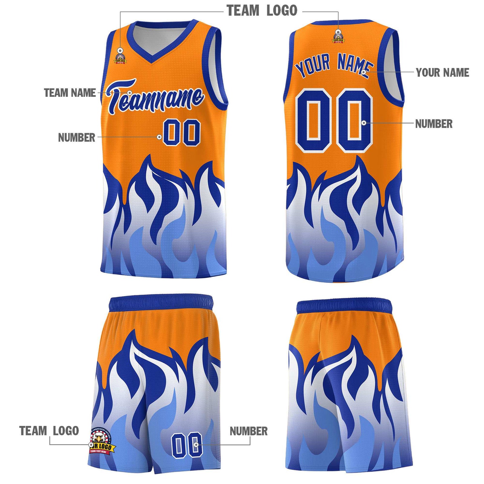 Custom Orange Royal Hem Flame Pattern Fashion Sports Uniform Basketball jersey