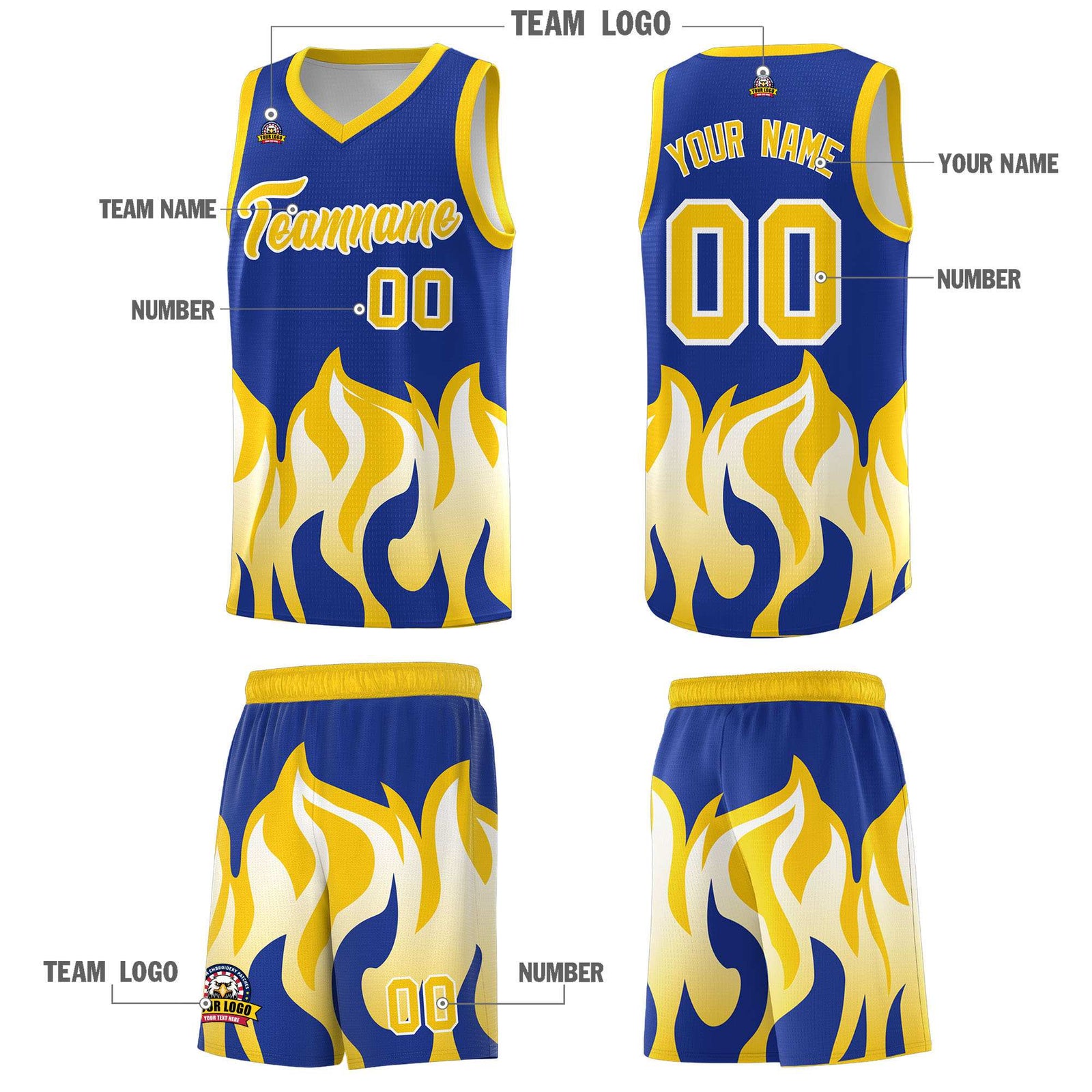 Custom Royal Gold Hem Flame Pattern Fashion Sports Uniform Basketball jersey
