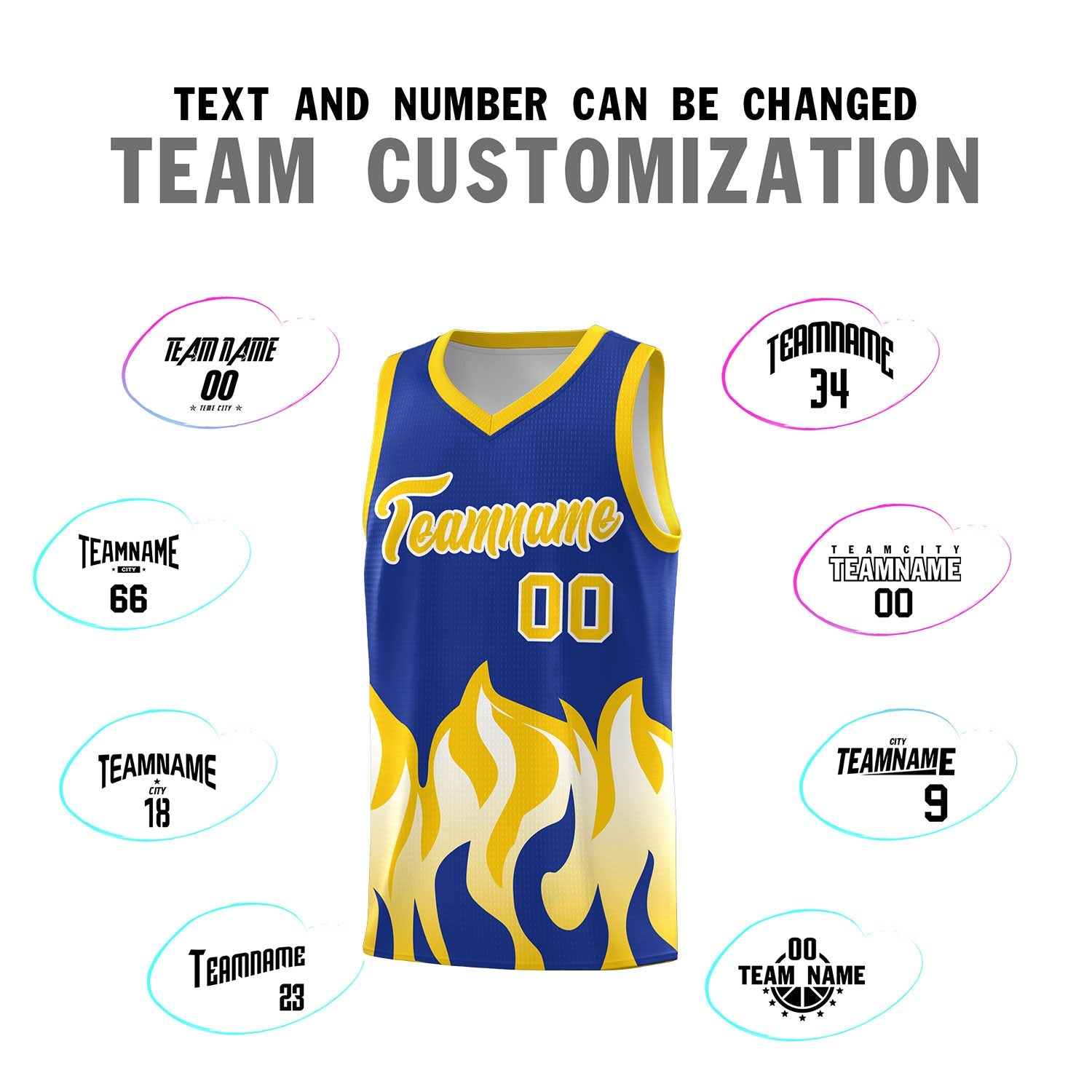 Custom Royal Gold Hem Flame Pattern Fashion Sports Uniform Basketball jersey