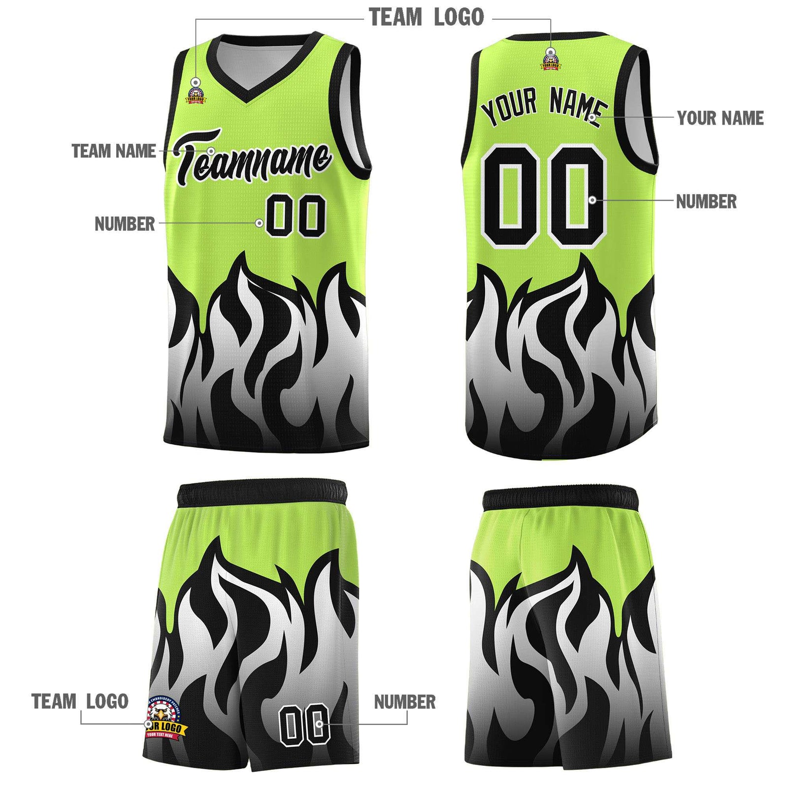 Custom Neon Green Black Hem Flame Pattern Fashion Sports Uniform Basketball jersey