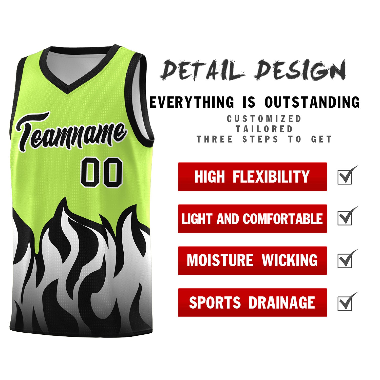 Custom Neon Green Black Hem Flame Pattern Fashion Sports Uniform Basketball jersey