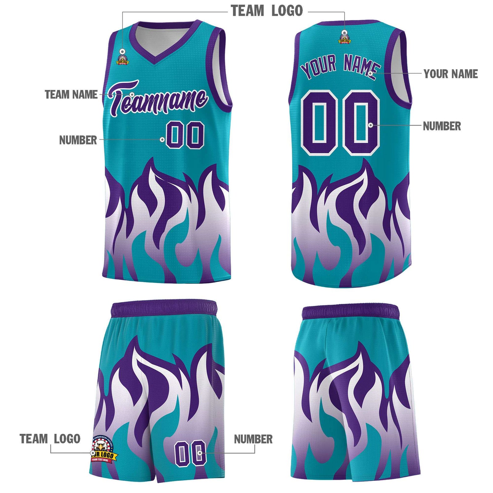 Custom Aqua Purple Hem Flame Pattern Fashion Sports Uniform Basketball jersey
