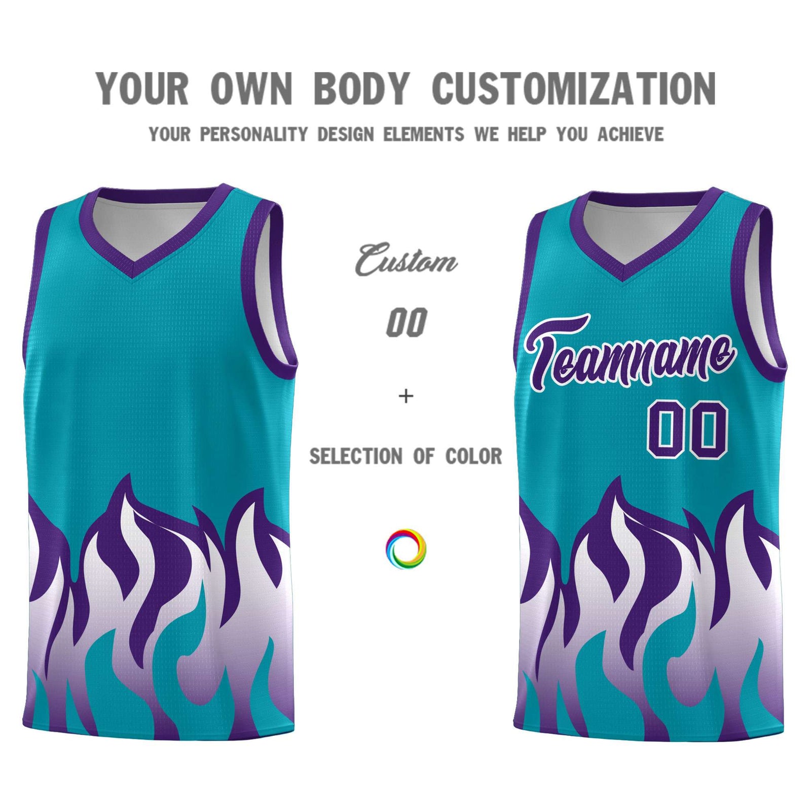 Custom Aqua Purple Hem Flame Pattern Fashion Sports Uniform Basketball jersey