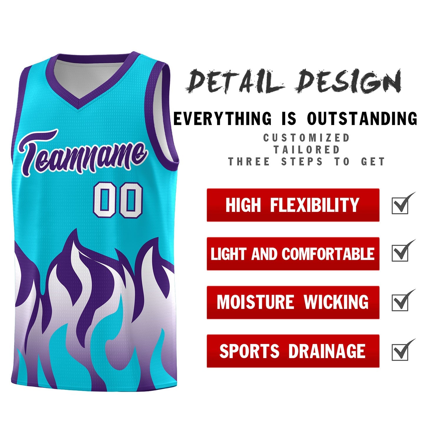 Custom Sky Blue Purple Hem Flame Pattern Fashion Sports Uniform Basketball jersey