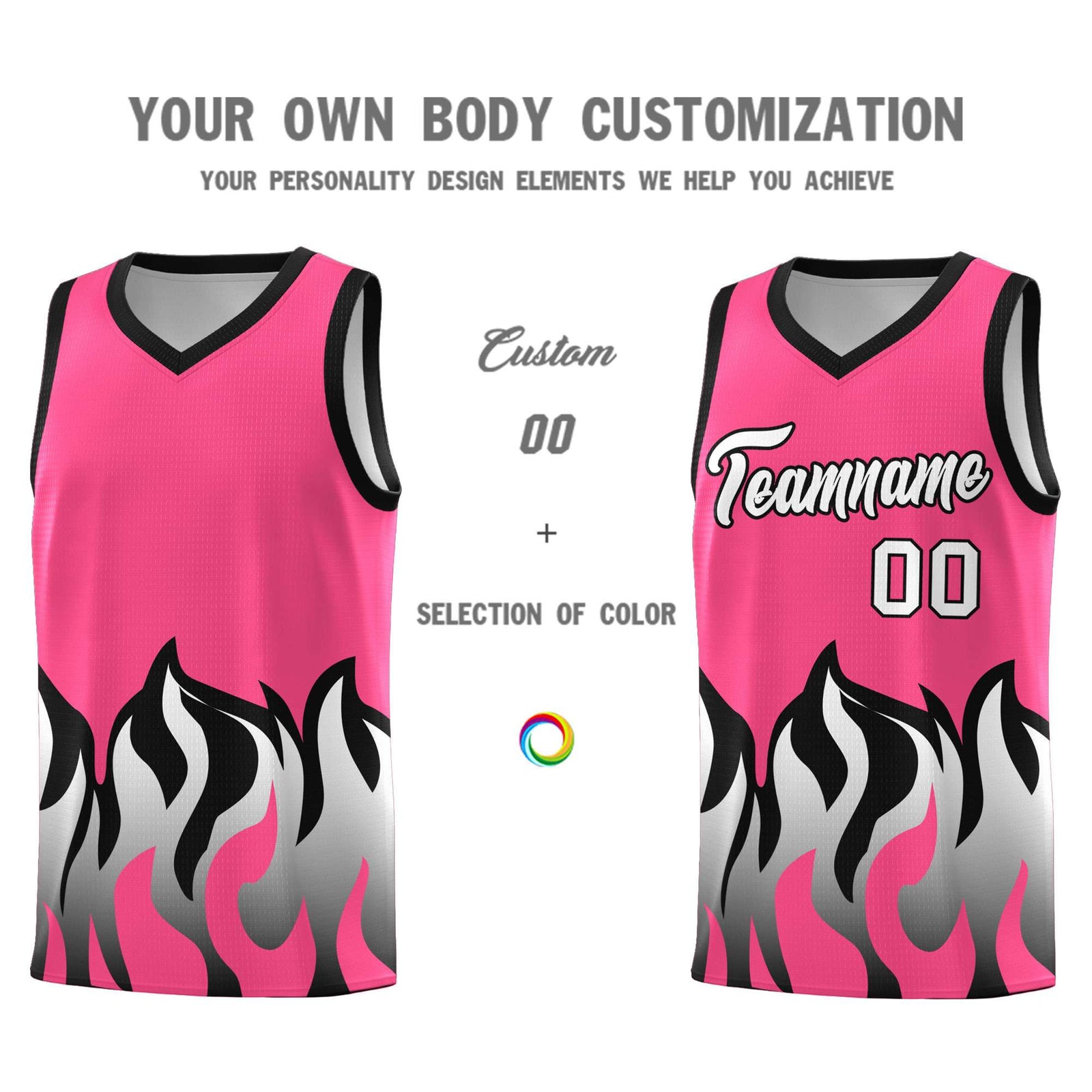 Custom Pink Black Hem Flame Pattern Fashion Sports Uniform Basketball jersey