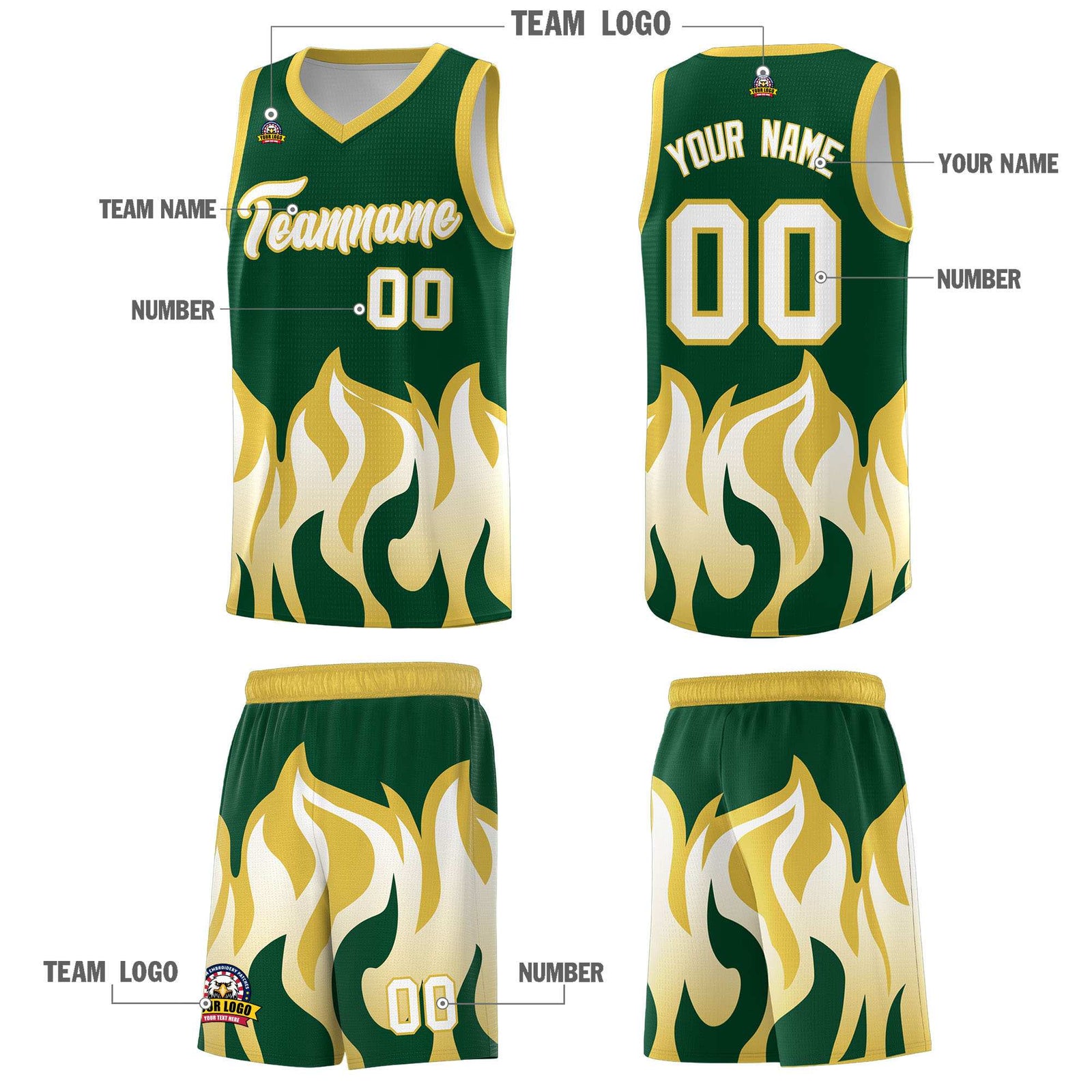Custom Kelly Green Old Gold Hem Flame Pattern Fashion Sports Uniform Basketball jersey