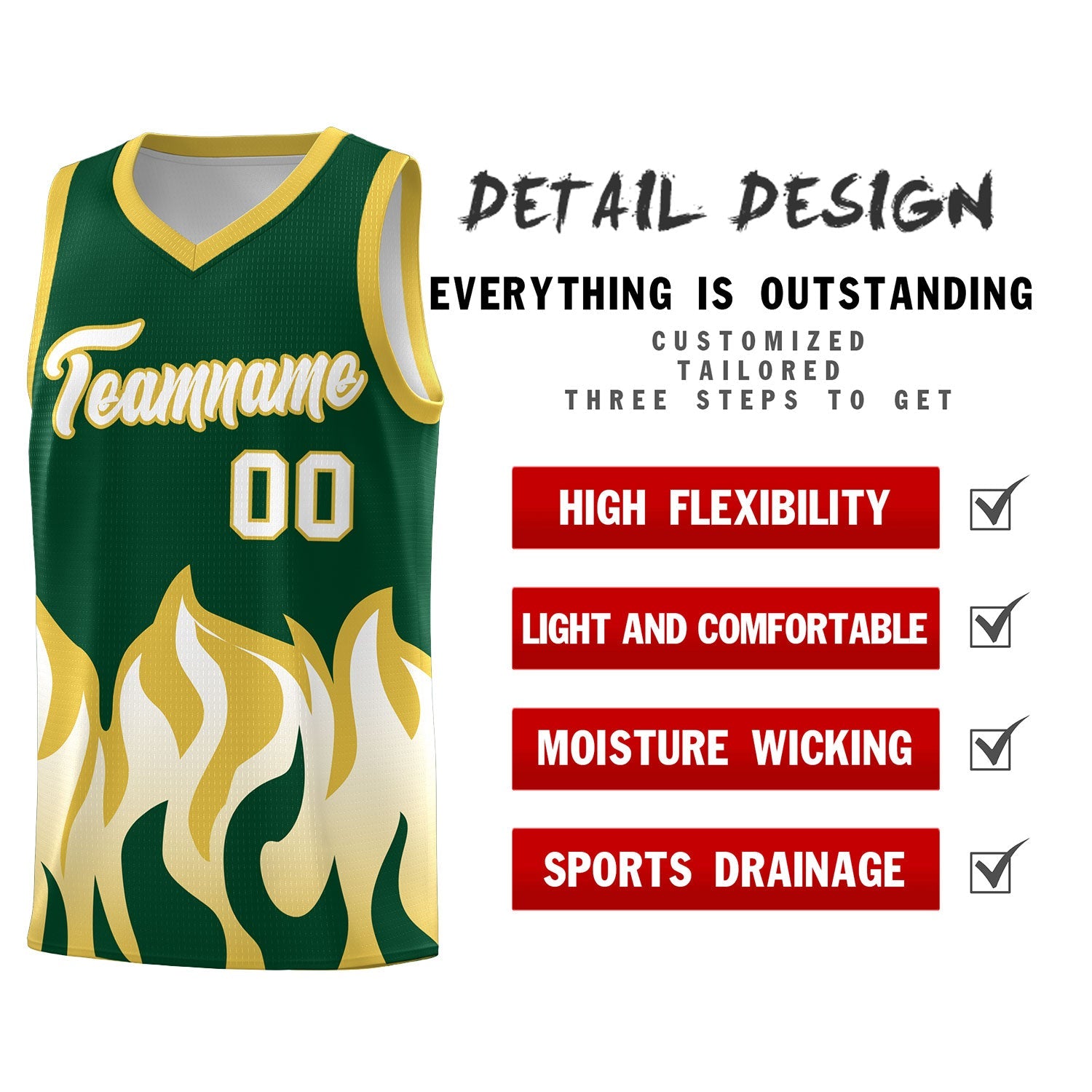 Custom Kelly Green Old Gold Hem Flame Pattern Fashion Sports Uniform Basketball jersey