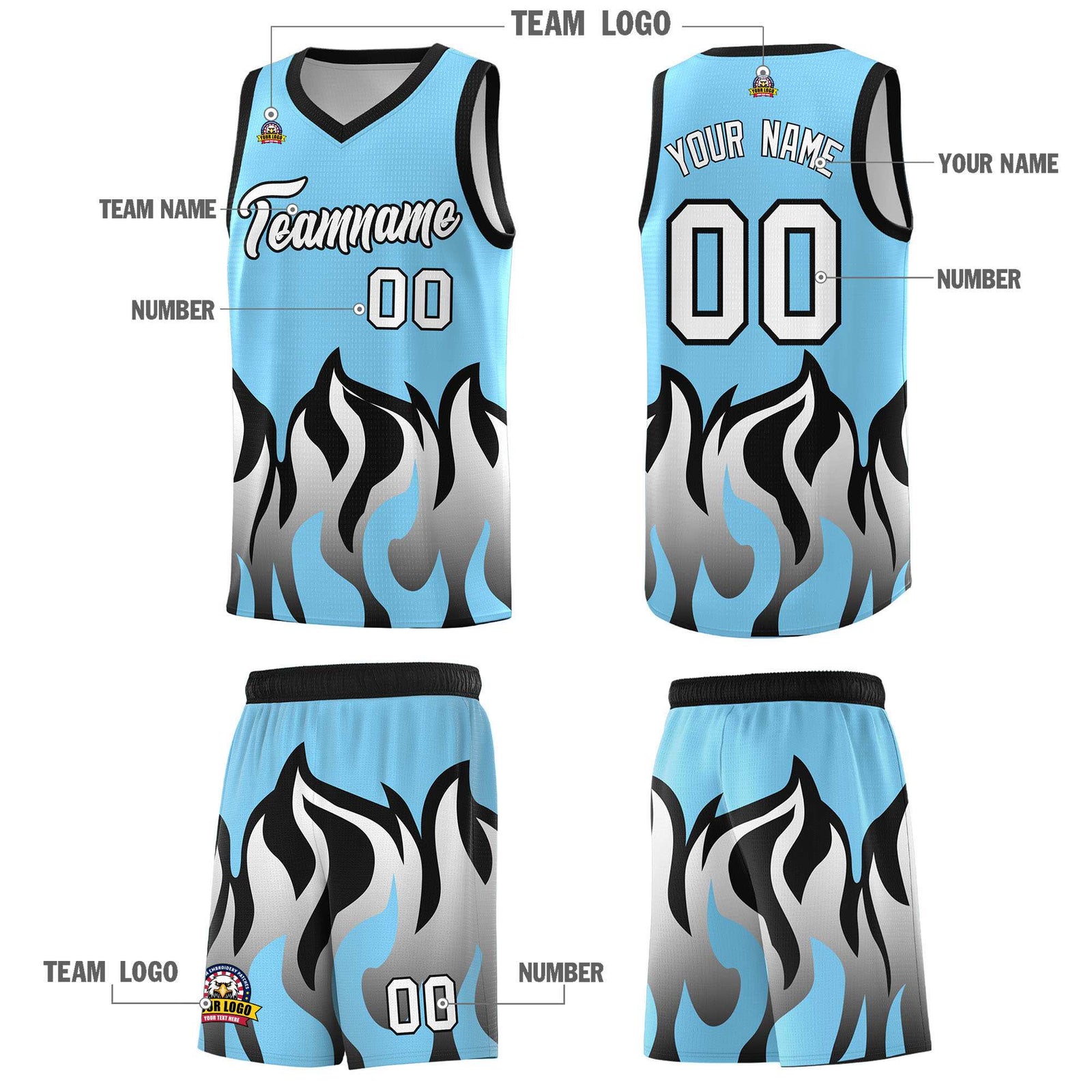 Custom Light Blue Black Hem Flame Pattern Fashion Sports Uniform Basketball jersey