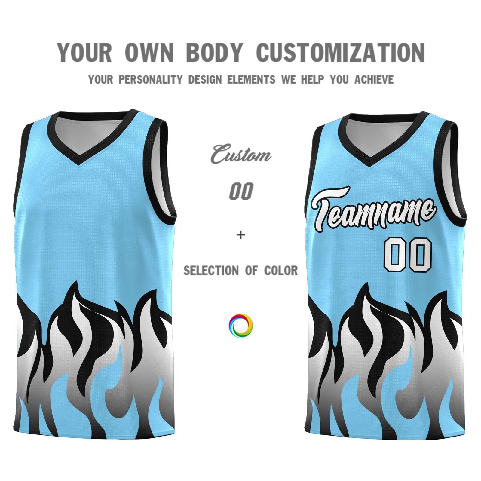 Custom Light Blue Black Hem Flame Pattern Fashion Sports Uniform Basketball jersey