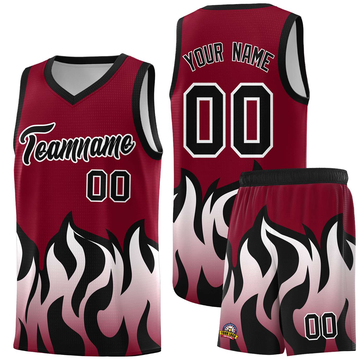 Custom Crimson Black Hem Flame Pattern Fashion Sports Uniform Basketball jersey