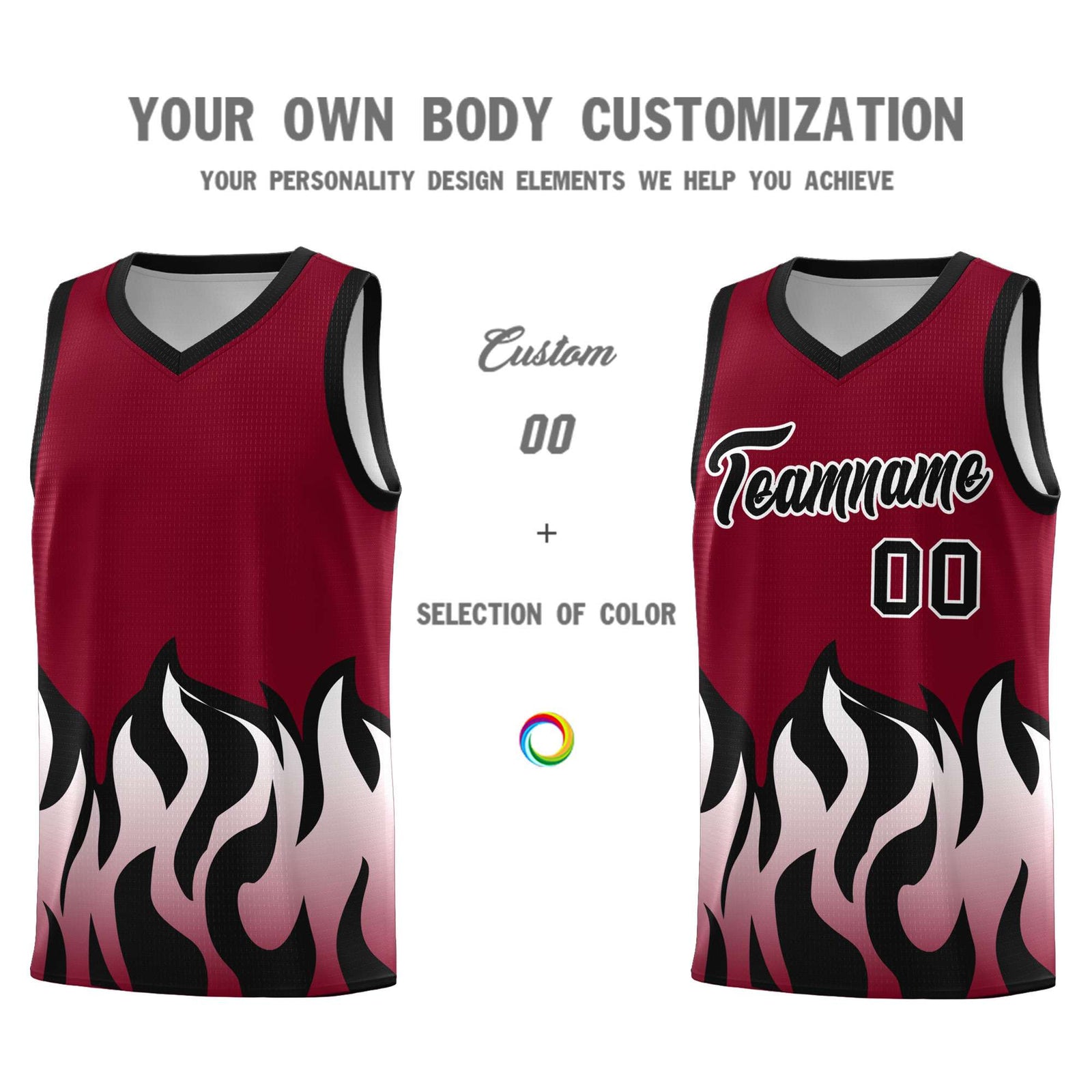 Custom Crimson Black Hem Flame Pattern Fashion Sports Uniform Basketball jersey