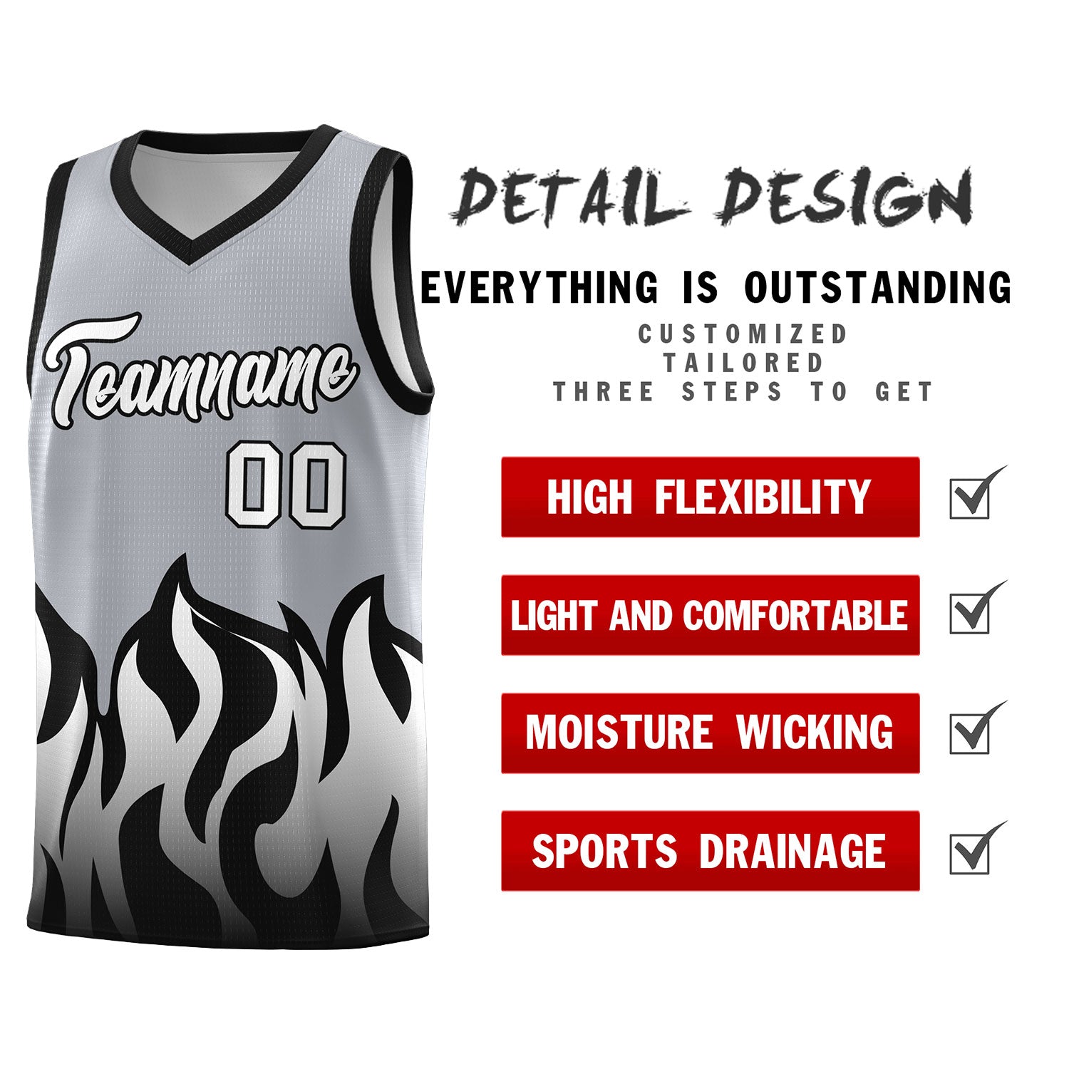 Custom Gray Black Hem Flame Pattern Fashion Sports Uniform Basketball jersey