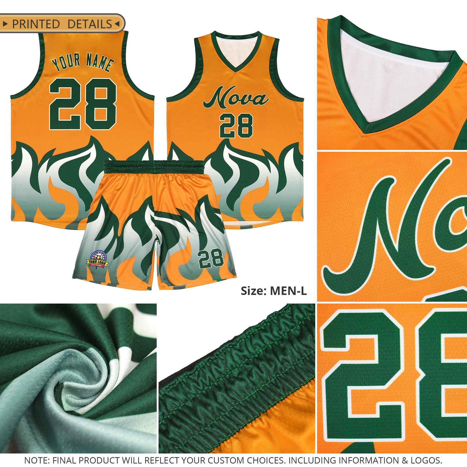 Custom White Gold Hem Flame Pattern Fashion Sports Uniform Basketball jersey