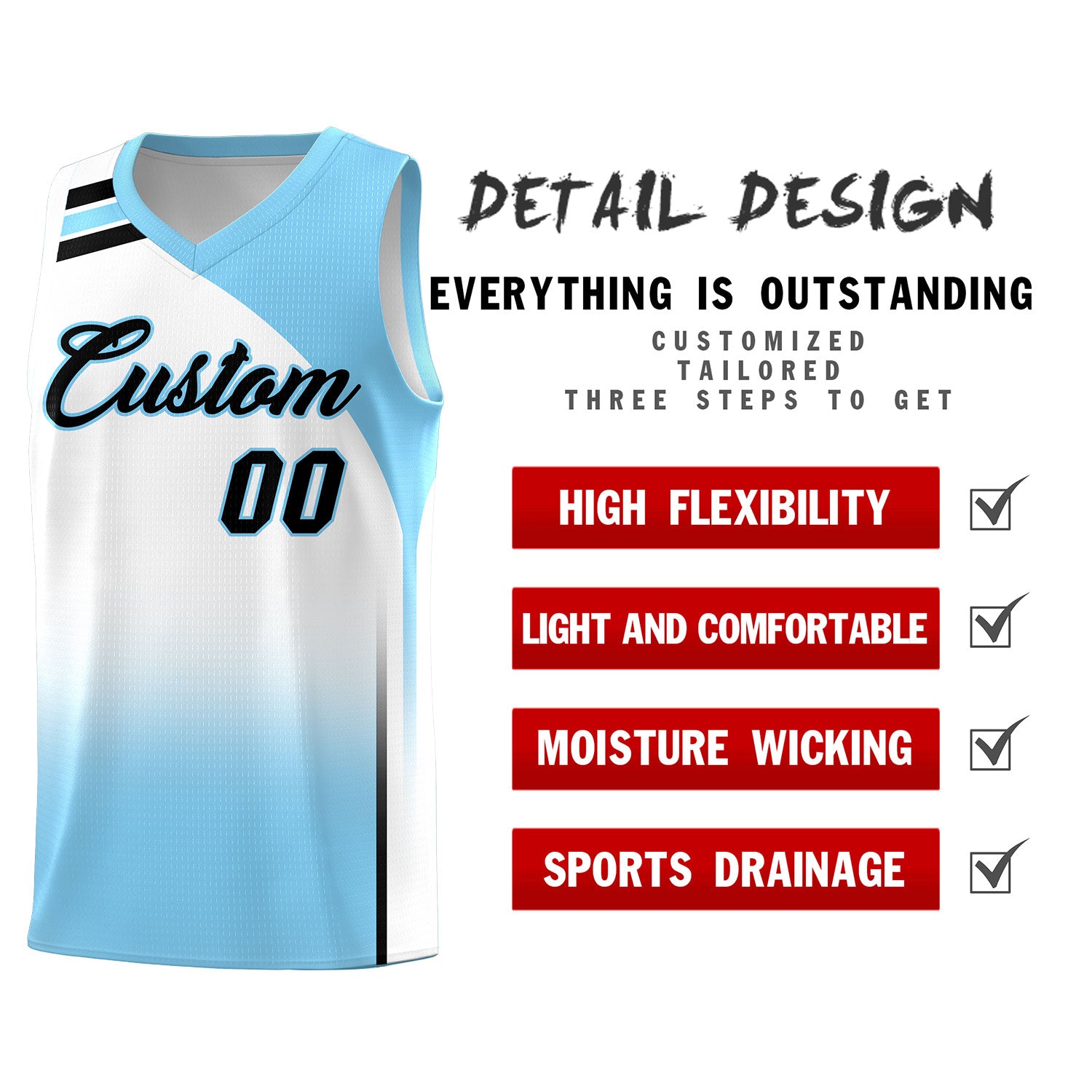 Custom Light Blue and White Gradient Fashion Sets Sports Uniform Basketball Jersey