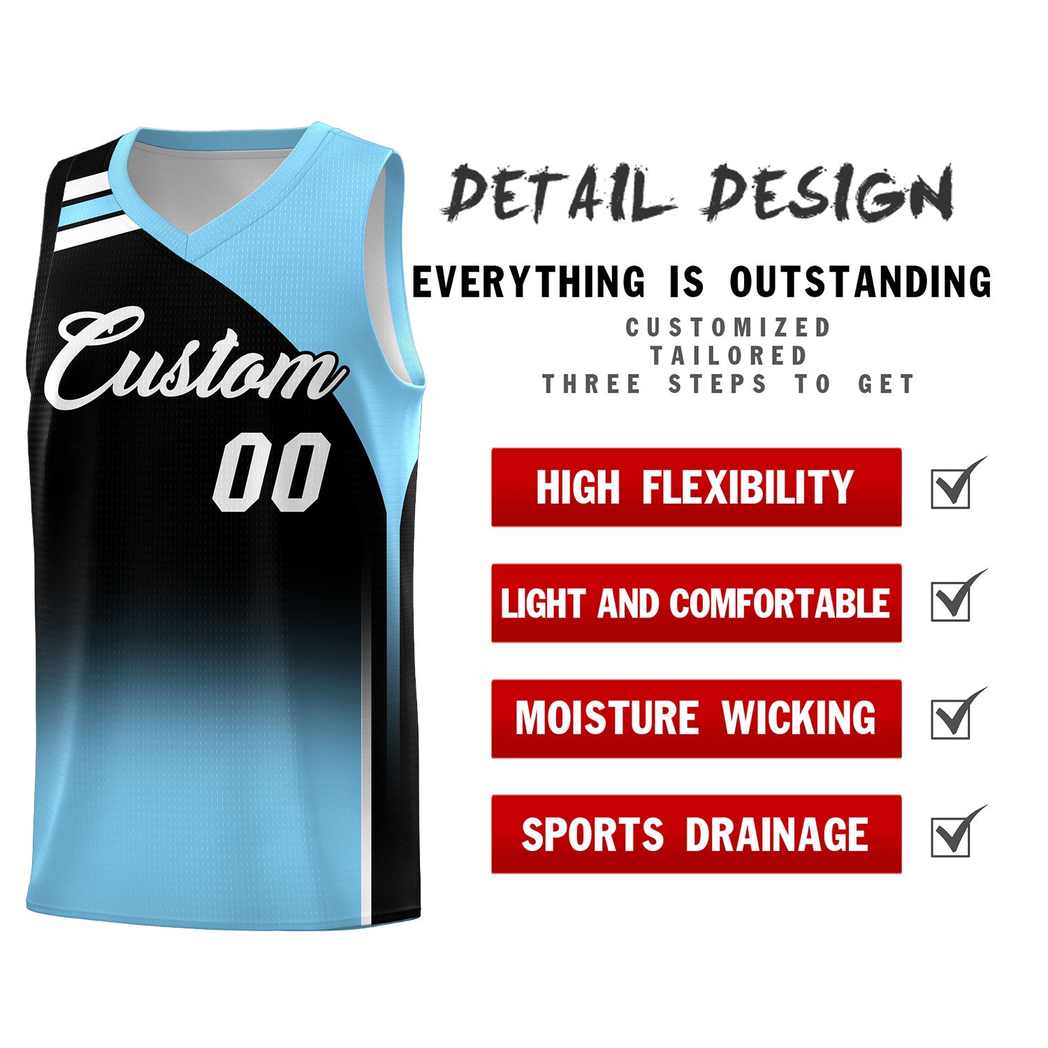 Custom Black and Light Blue Gradient Fashion Sets Sports Uniform Basketball Jersey